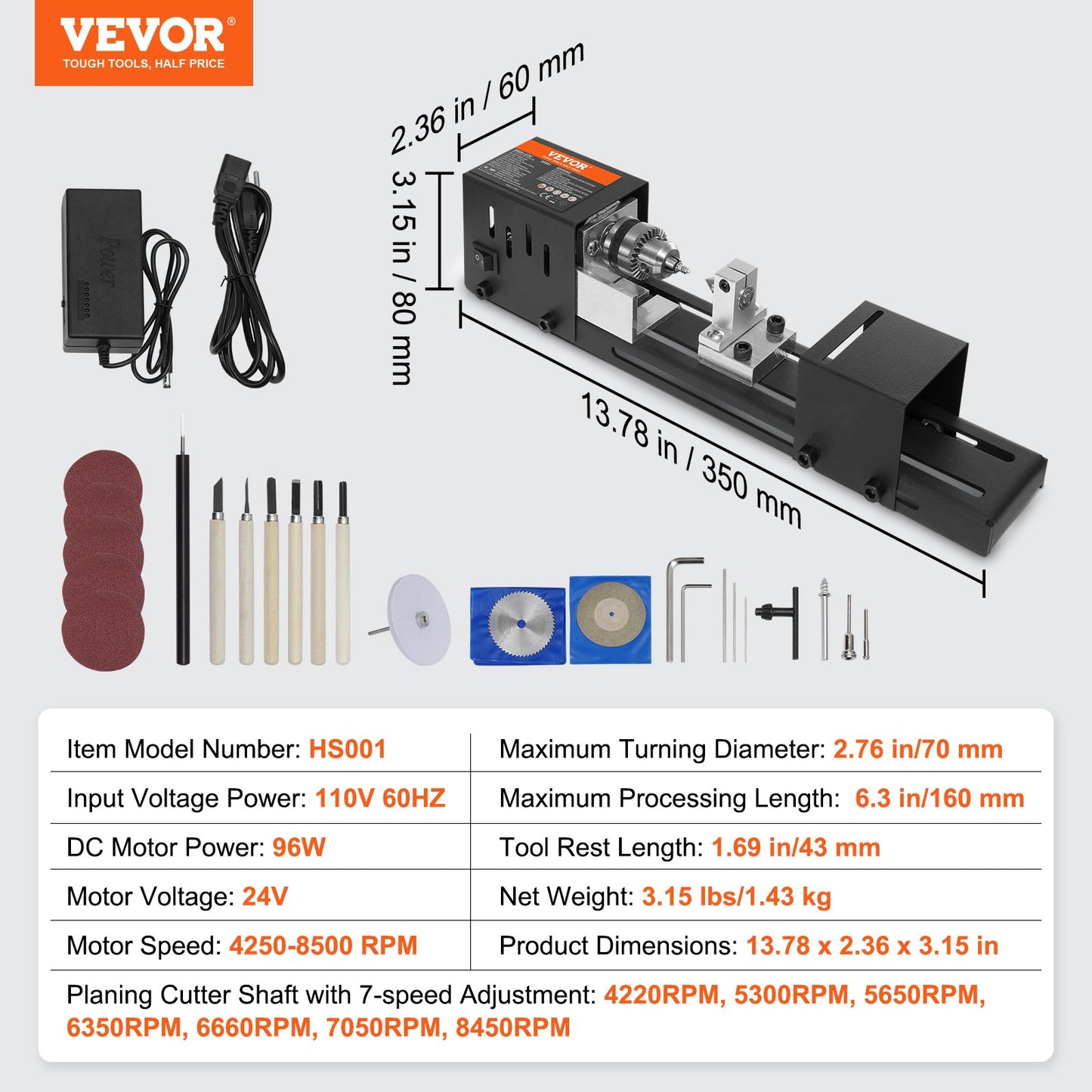 Compact Lathe Machine, Dimensions 2.76 x 6.3 inches, 24VDC 96W, Includes Milling Machine Accessories, Features 7 Adjustable Speeds Ranging from 4220 to 8450 RPM, Ideal for DIY Woodworking and