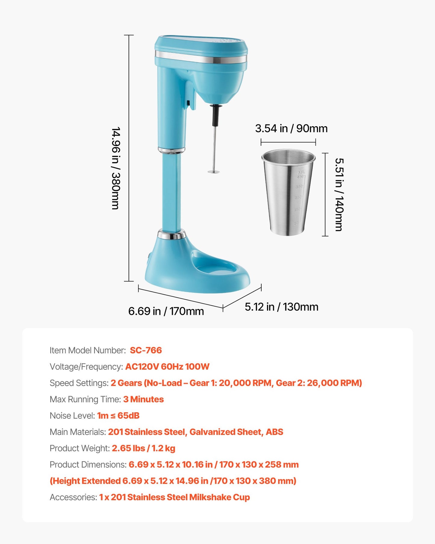 Milkshake Maker, 100W Milk Shake Maker Mixer, Single Head Drink Mixer Blender Machine, Dual-Speed Adjustment Milkshake Blender with Stainless Steel Cup, for Home, Kitchen, Bar & Beverage Shop