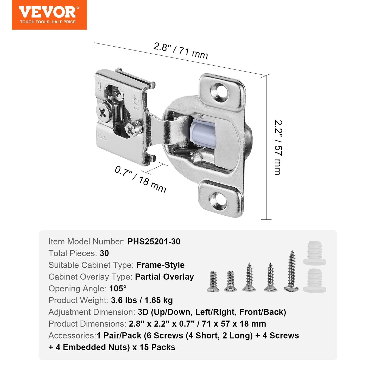 Cabinet Hinges, 30 Packs Partial Overlay Kitchen Cabinet Door Hinges, 105 Degree Opening Angel Soft Close Concealed Cupboard Hinges for Framed Cabinet Type, with Mounting Screws