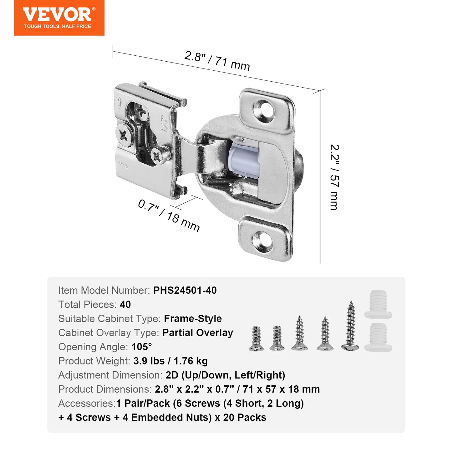 Cabinet Hinges, 40 Packs Partial Overlay Kitchen Cabinet Door Hinges, 105 Degree Opening Angel Soft Close Concealed Cupboard Hinges for Framed Cabinet Type, with Mounting Screws