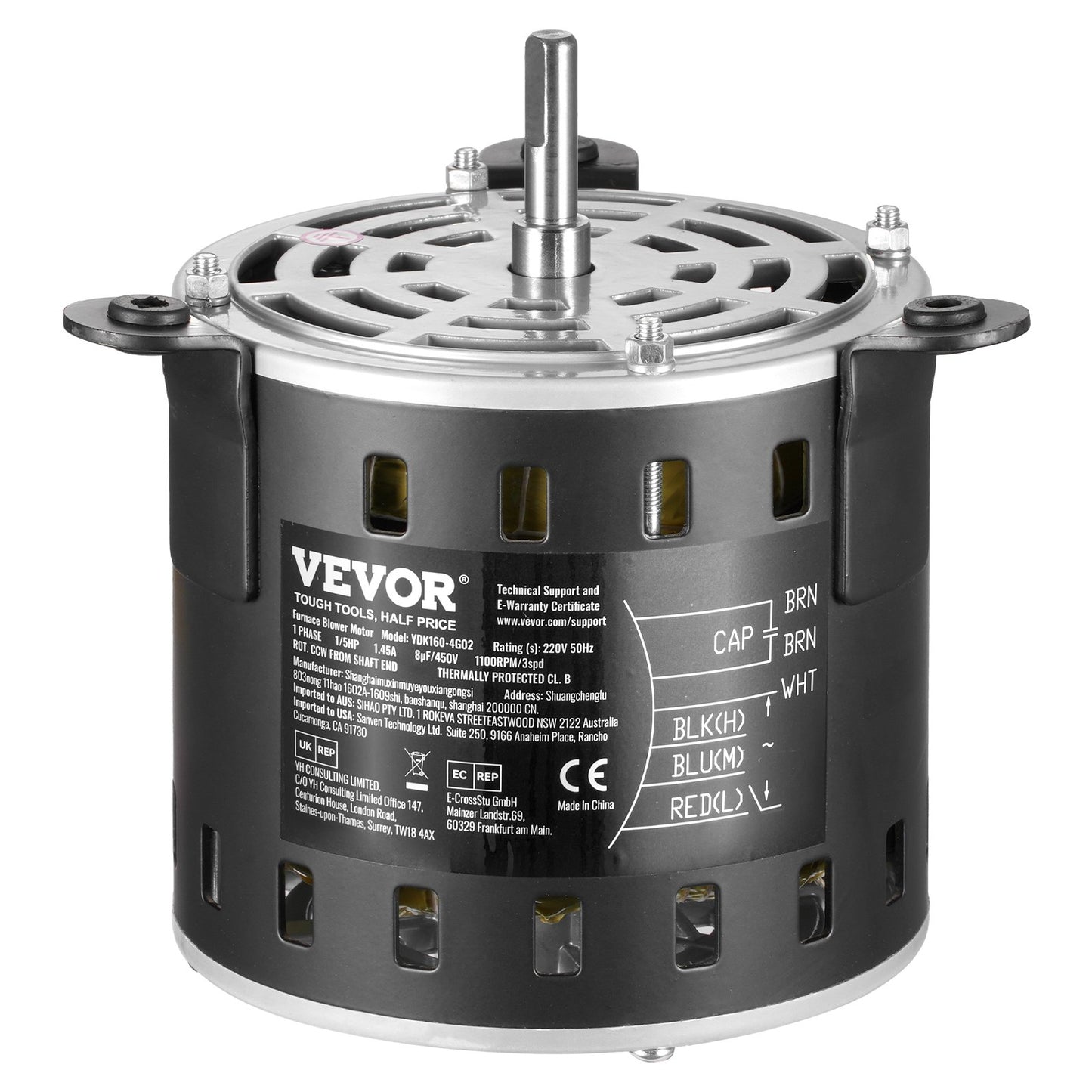 1/5 PS Ofenlüftermotor 220 V 1,45 A 1100 U/min 3-Gang 8 μF/450 V Kondensator