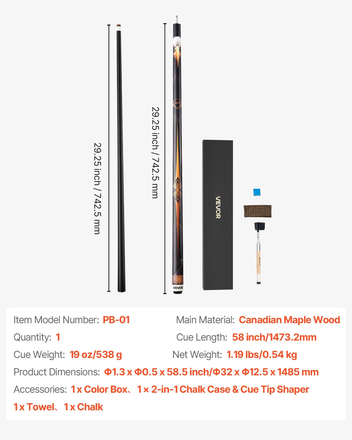 Pool Cue, 1 Piece Pool Stick, 58 inch & 19 oz Canadian Maple Wood Billiard Pools Cue Stick with Multi-Layer Tip & ABS Connection Ring, Cues Sticks for Professional Pool Table, Bar, Home, Office