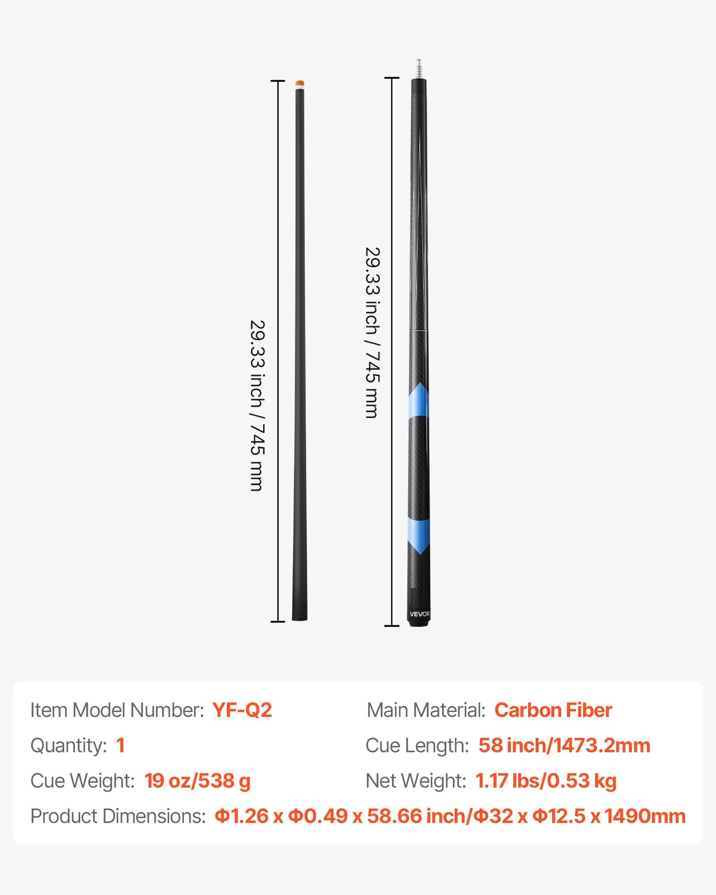 Pool Cue, 1 Piece Pool Stick, 58 inch & 19 oz Carbon Fiber Billiard Pools Cue Stick with Bakelite Pressed Cue Tip & ABS Connection Ring, Cues Sticks for Professional Pool Table, Bar, Home,Office