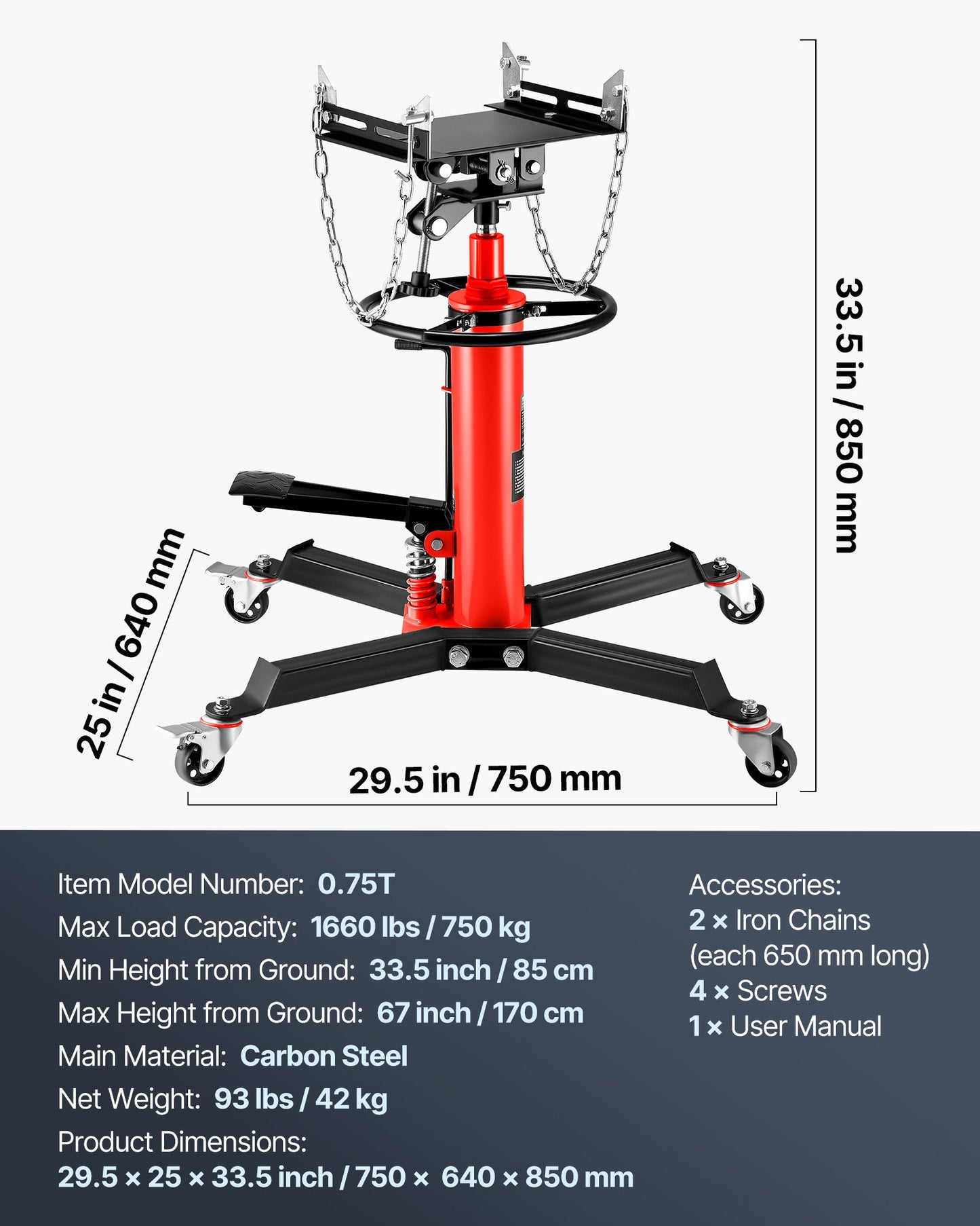 Transmission Jack,0.75 Ton/1660 lbs Capacity Hydraulic Telescopic Transmission Jack, 2-Stage Floor Jack Stand with Foot Pedal, 360° Swivel Wheel, Garage/Shop Lift Hoist, Red