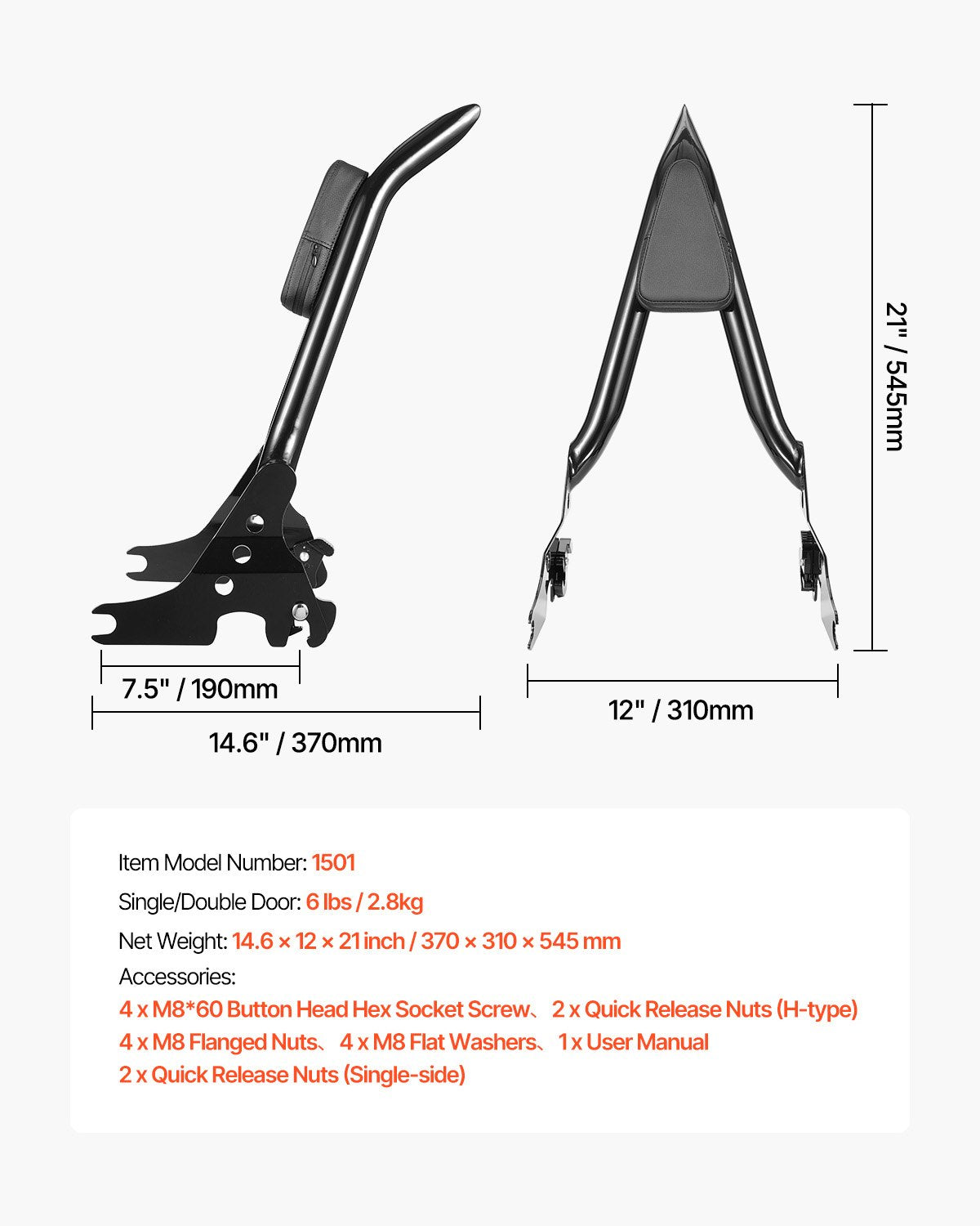 Motorcycle Backrest Sissy Bar, Compatible with Harley-Davidson Touring Models, 27-Inch Height Quick Release Detachable Passenger Backrest, Durable Metal Frame with Leather Rear Pad, Black