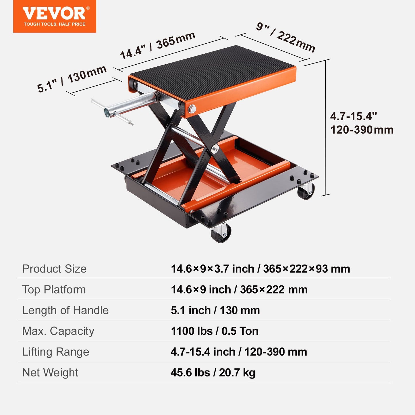 Motorcycle Lift, 1100 LBS Motorcycle Lift ATV Scissor Lift Jack with Dolly & Hand Crank, Center Hoist Crank Stand with Wide Deck & Tool Tray for Street Bikes, Cruiser Bikes, Touring Motorcycles