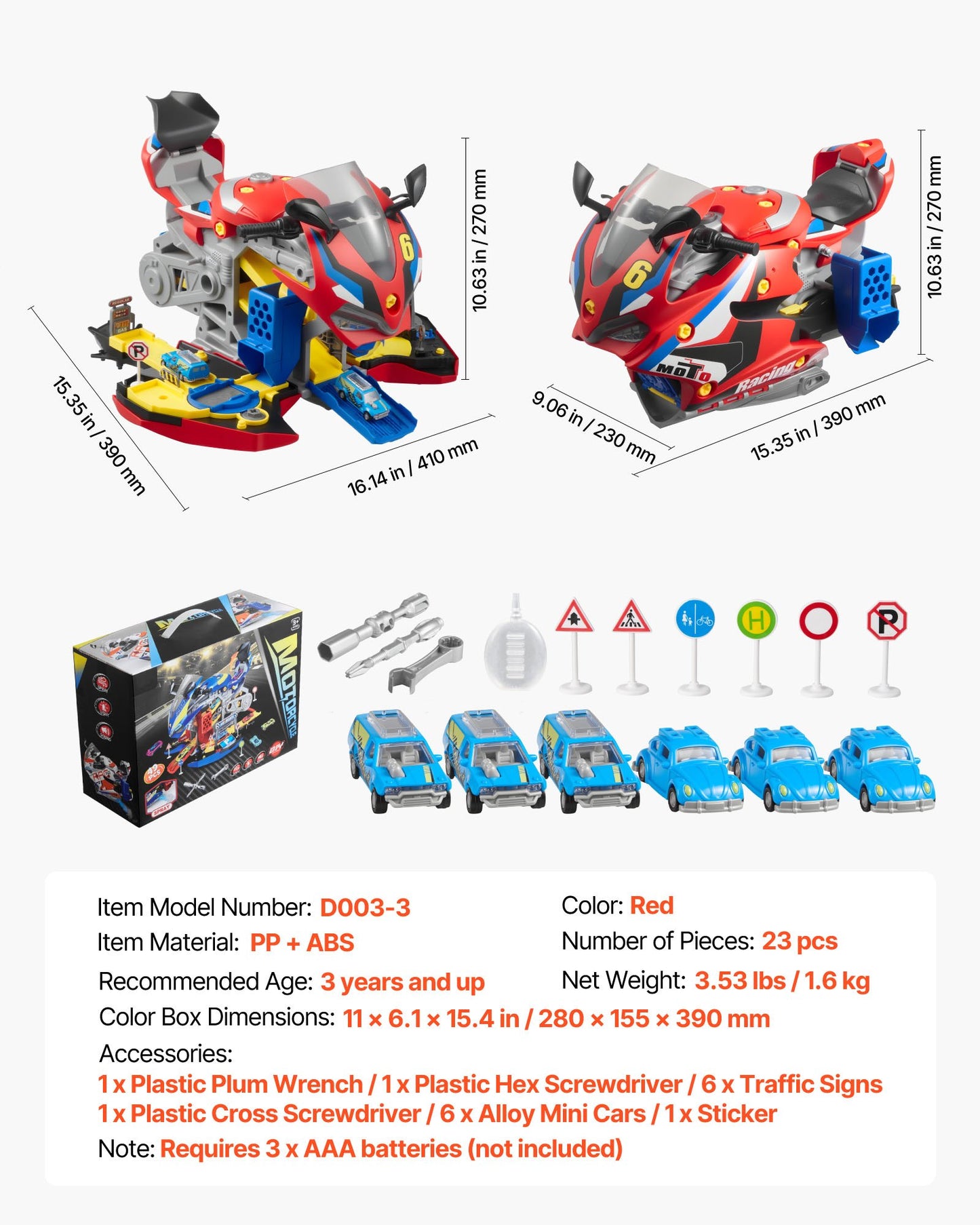 Motorcycle Engine Toy, 25 Pieces, Motorcycle Mechanic Toy with Removable Parts, Lights & Sounds, Simulated Riding & Track Racing, Kids Mechanic Workshop Set for Toddler 3 Years and Up, Red