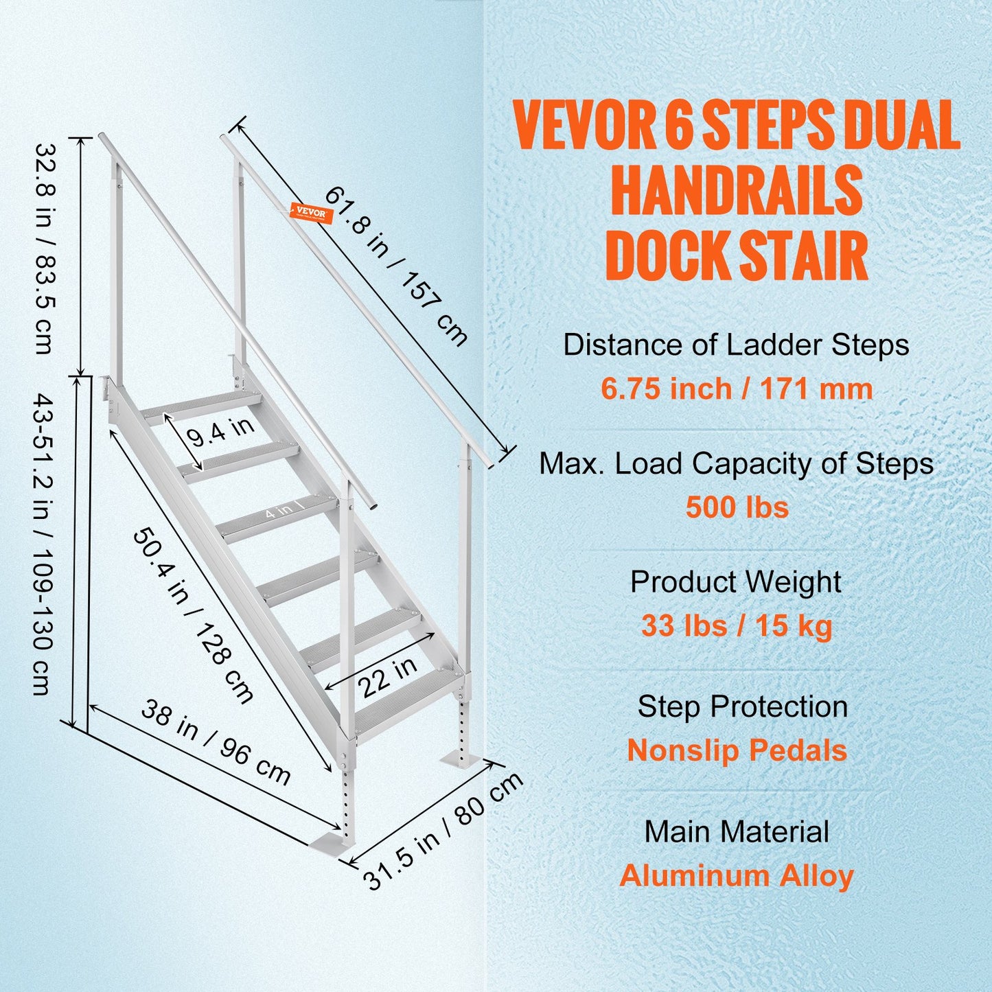 Dock Ladder, 43''-51'' Adjustable Height, 500 lbs Load Capacity, Aluminum Alloy 6 Steps Pontoon Boat Ladder with Dual Handrails & Nonslip Mat, Ideal for Ship/Lake/Pool/Marine Boarding