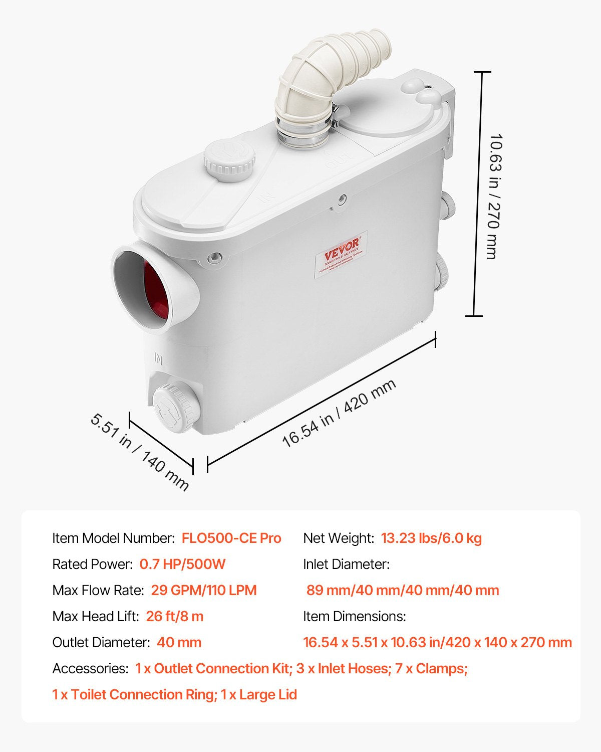 Macerator Pump, 500W, 29 GPM Flow, 26 ft/8 m Head, Macerator Wall-Hung Toilet Pump with 4 Water Inlets, Waste Water Disposal Upflush Machine for Toilet, Basement, Shower, Sink, Laundry, Bathtub