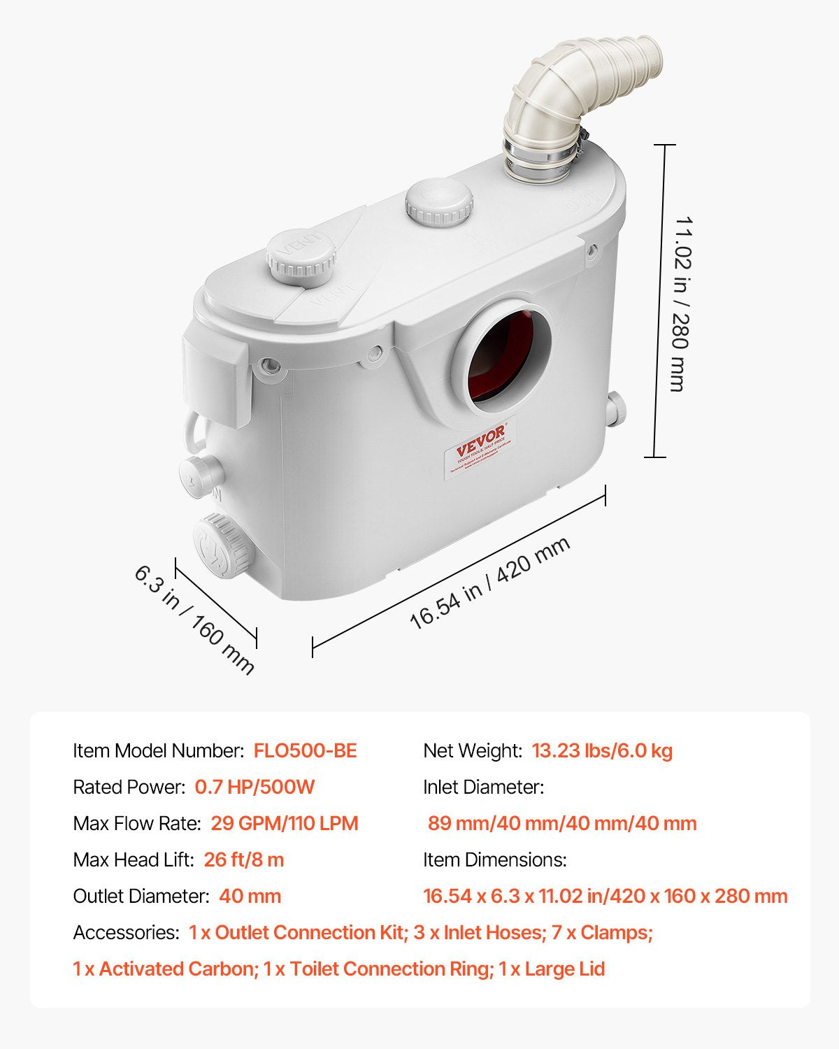Macerator Pump, 500W, 29 GPM Flow, 26 ft/8 m Head, Macerator Sewerage Toilet Pump with 4 Water Inlets, Waste Water Disposal Upflush Machine for Toilet, Basement, Shower, Sink, Laundry, Bathtub