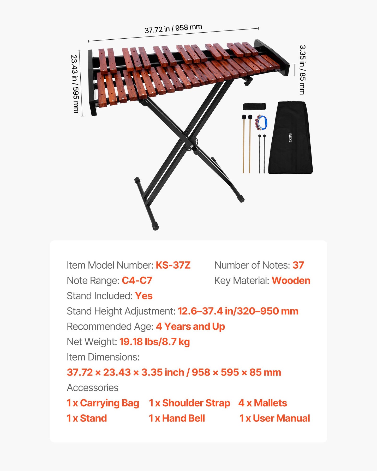 Glockenspiel Xylophone, 37 Notes, Wooden Professional Xylophone Percussion Instrument, with Height Adjustable Stand, 4 Mallets, Carrying Bag, Beginner Musical Instrument Kit for Adults and Kids