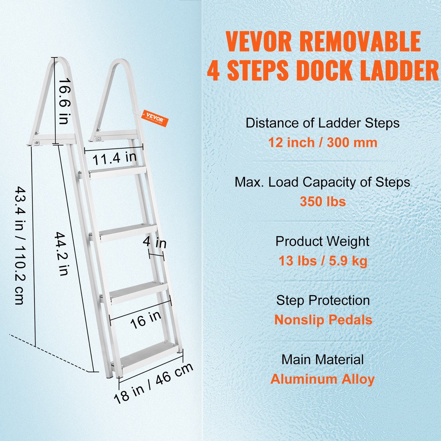 Dock Ladder, Removable 4 Steps, 350 lbs Load Capacity, Aluminum Alloy Pontoon Boat Ladder with 4'' Wide Step & Nonslip Mat, Easy to Install for Ship/Lake/Pool/Marine Boarding