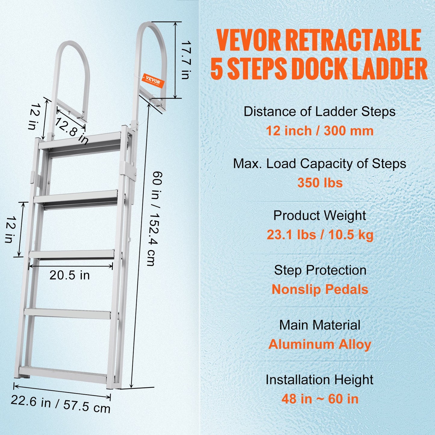Dock Ladder, Retractable 5 Steps, 350 lbs Load Capacity, Aluminum Alloy Pontoon Boat Ladder with 66.9''-78.9'' Adjustable Height, 4'' Wide Step & Mat, for Ship/Lake/Pool/Marine Boarding