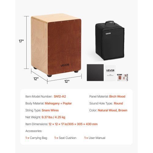 Cajon Box Drum Birch Wood Percussion Instrument with Snare Drum Wire Travel Case | EU