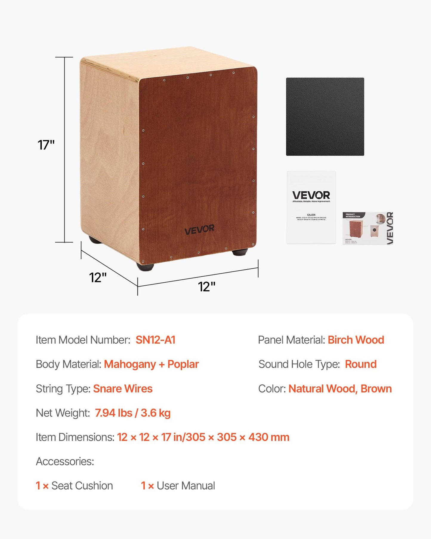 Cajon Box Drum Wooden Birchwood Percussion Instrument Bass Drum with Snare Wires