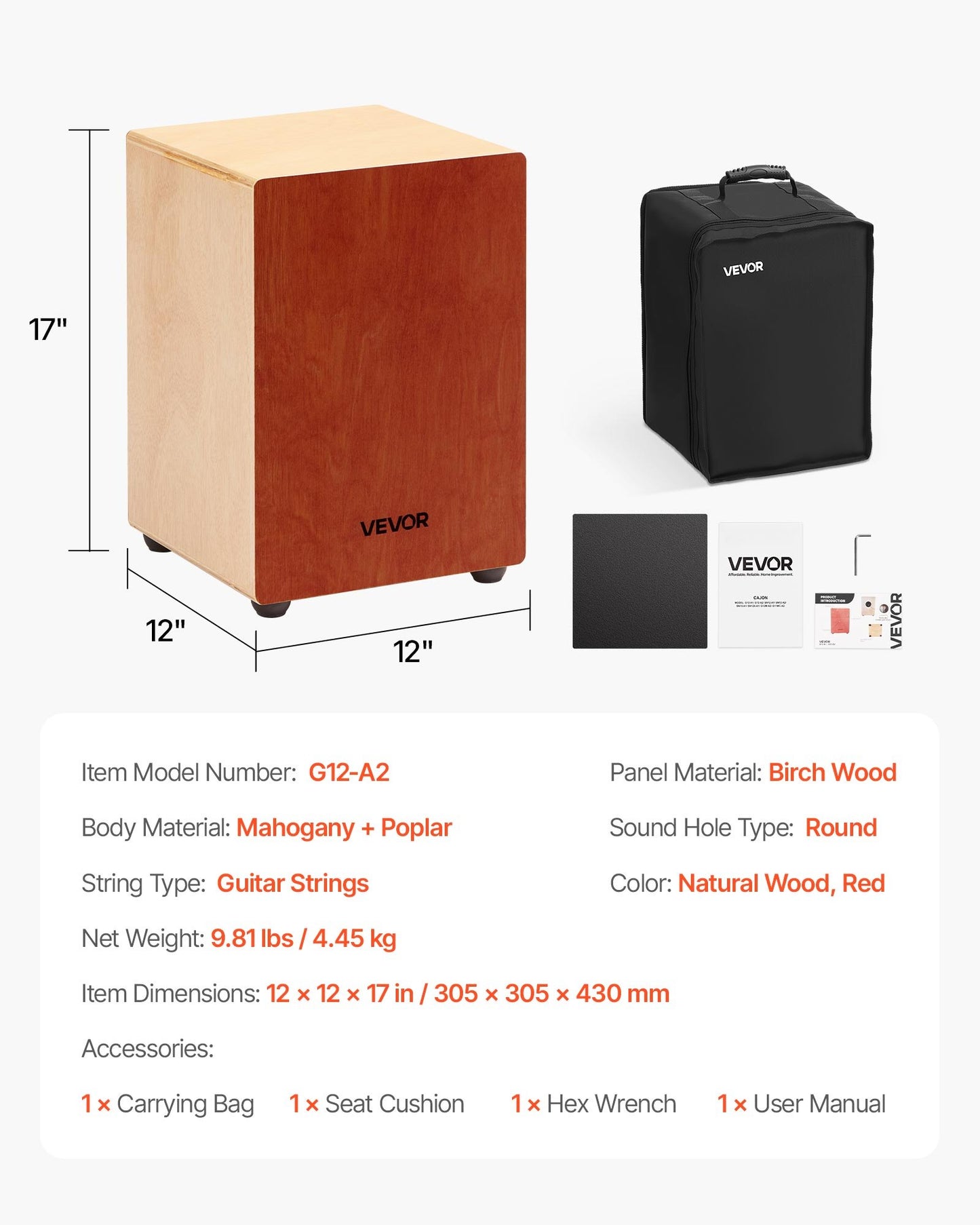 Cajon Box Drum Birch Wood Percussion Instrument Guitar Strings with Travel Bag