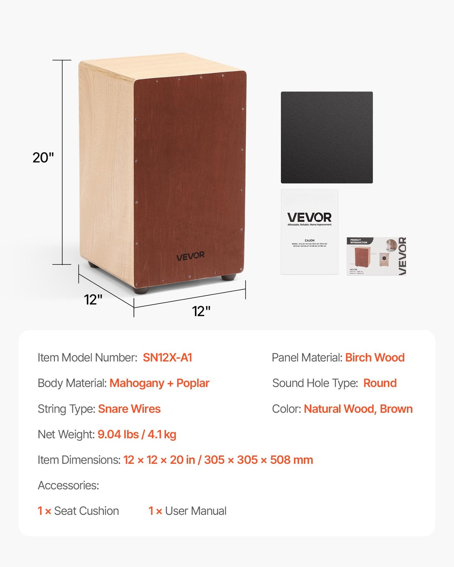 Large Cajon Box Drum Wooden Birchwood Percussion Instrument with Snare Wires