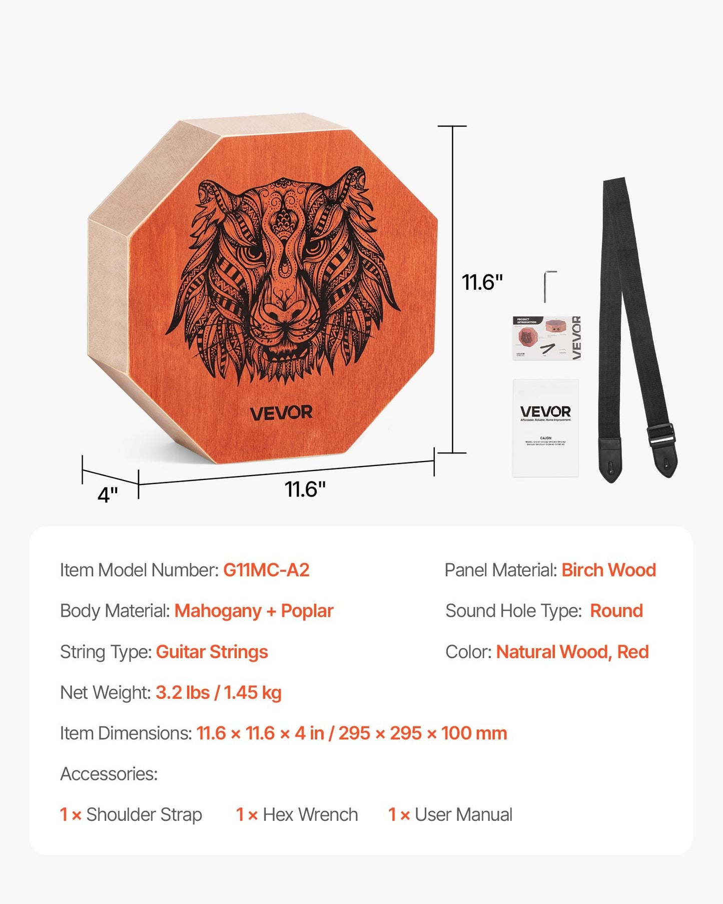 Unique Cajon Box Drum, with Internal Guitar Strings, Portable Wooden Percussion Box, Birch Wood Drum Musical Instrument with Adjustable Strap, for Beginners & Professionals, 11.6 x 11.6 x 4 in