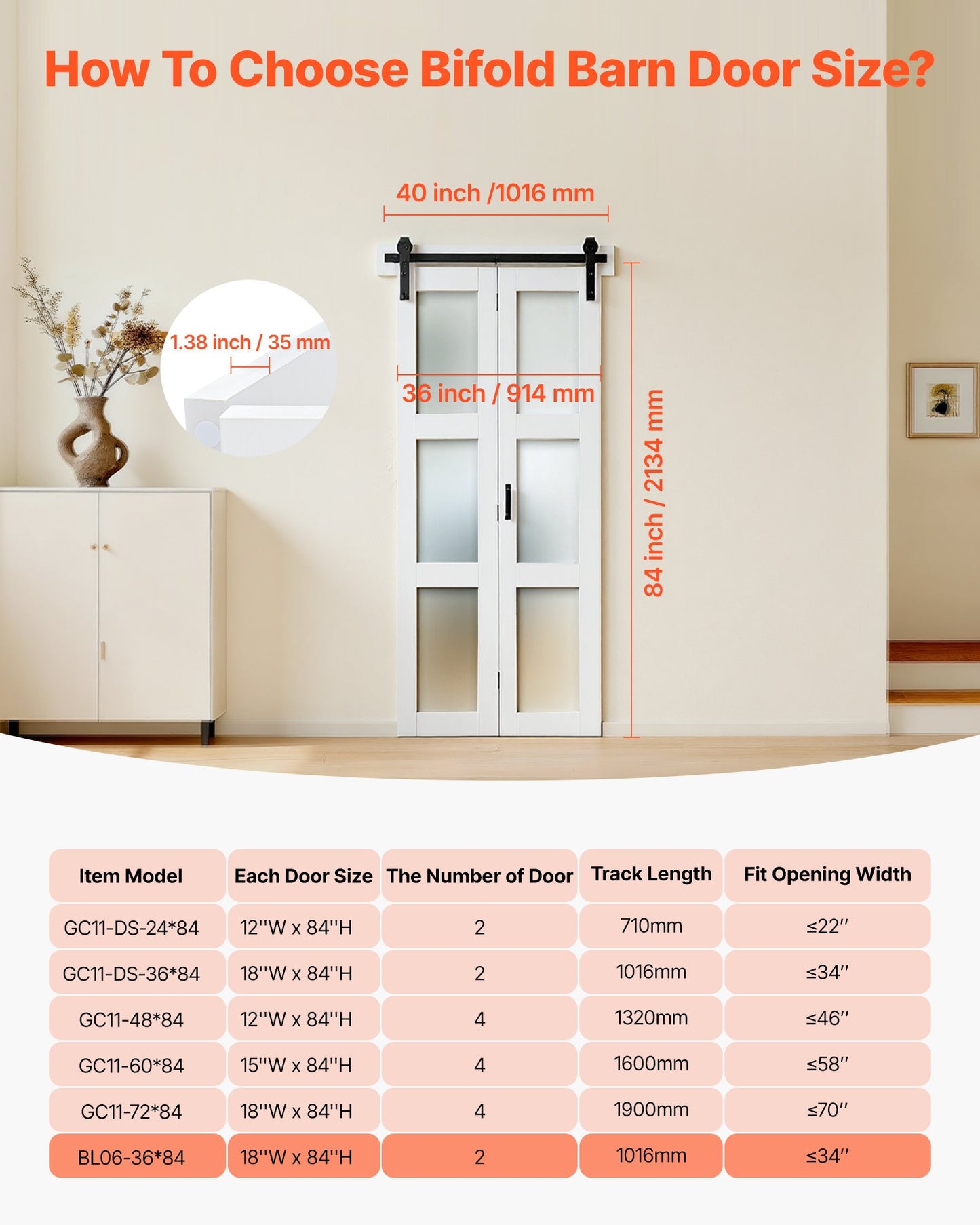 Bifold Barn Door, 36" x 84", MDF with Tempered Glass Bi-Fold Sliding Closet Doors, Hardware Kit Included, Space-Saving Design, Pre-Assembled Panels for Bedroom, Living Room, Wardrobe, White