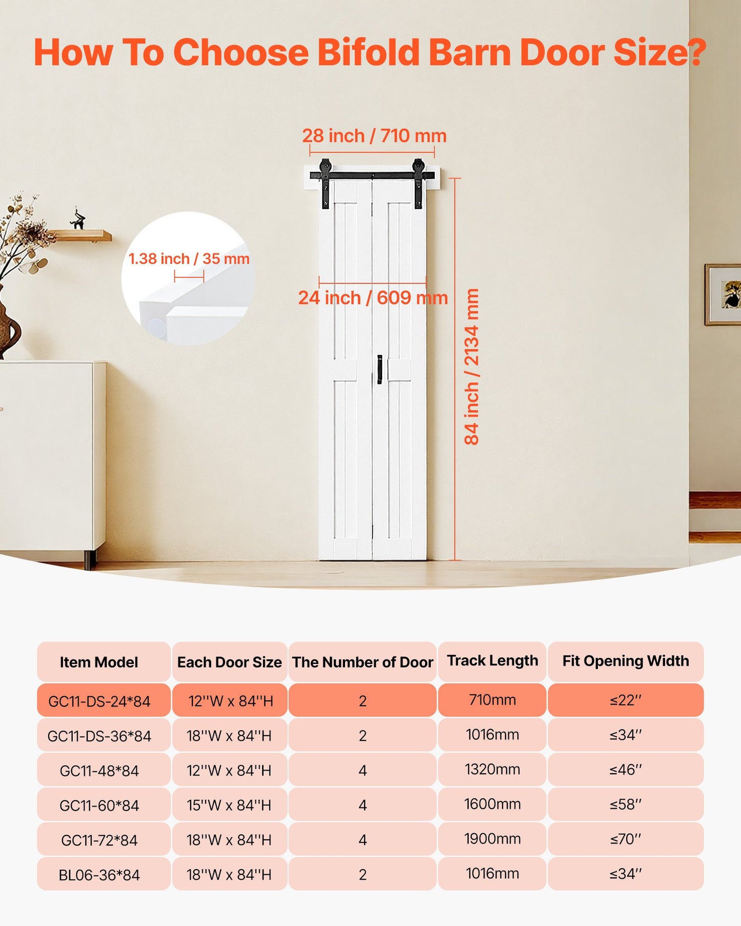 Bifold Barn Door, 24" x 84", MDF Bi-Fold Sliding Closet Doors, Hardware Kit Included, H-Frame Space-Saving Design, Need to Assemble, for Bedroom, Living Room, Wardrobe and Room Divider, White
