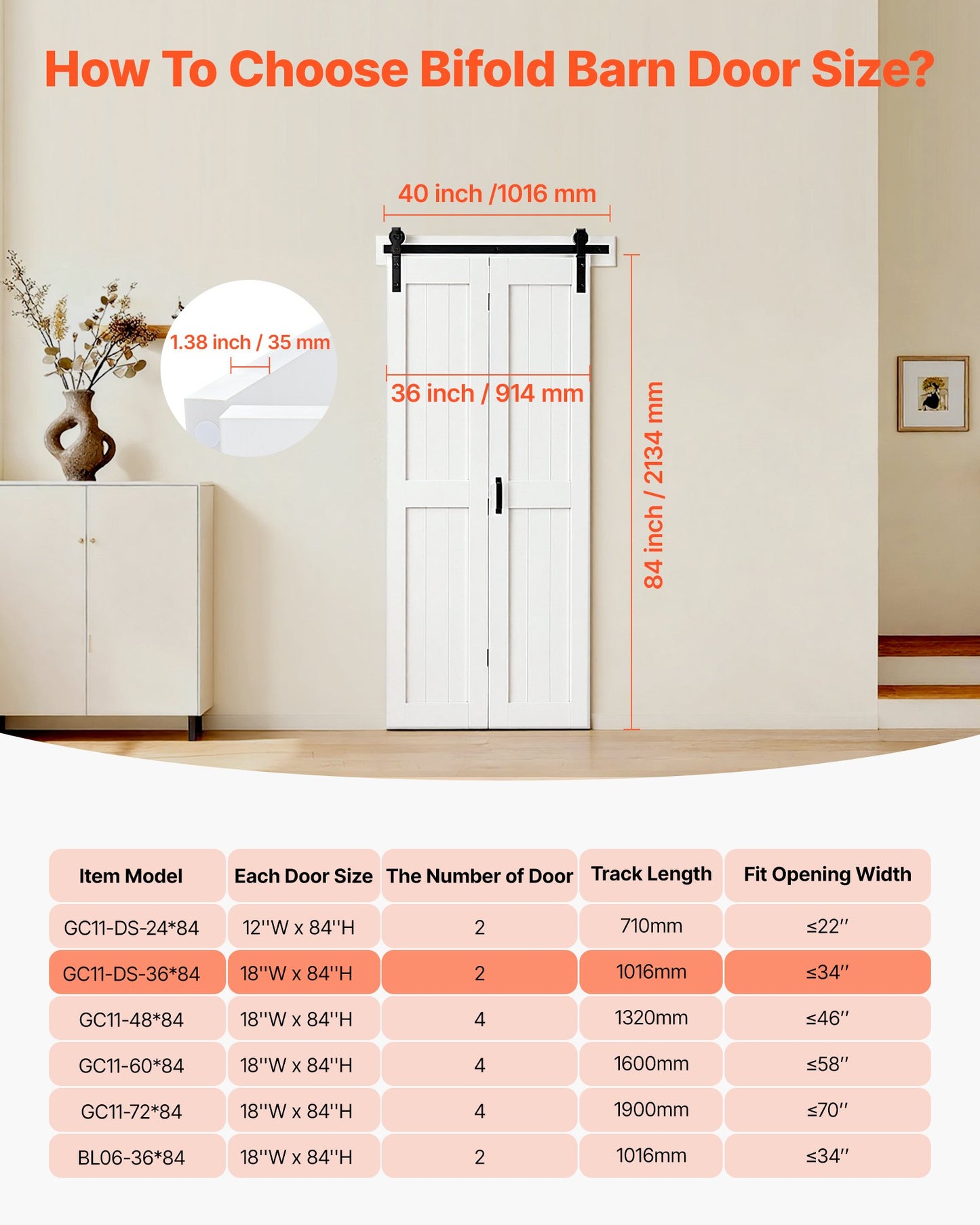 Bifold Barn Door, 36" x 84", MDF Bi-Fold Sliding Closet Doors, Hardware Kit Included, H-Frame Space-Saving Design, Need to Assemble, for Bedroom, Living Room, Wardrobe and Room Divider, White
