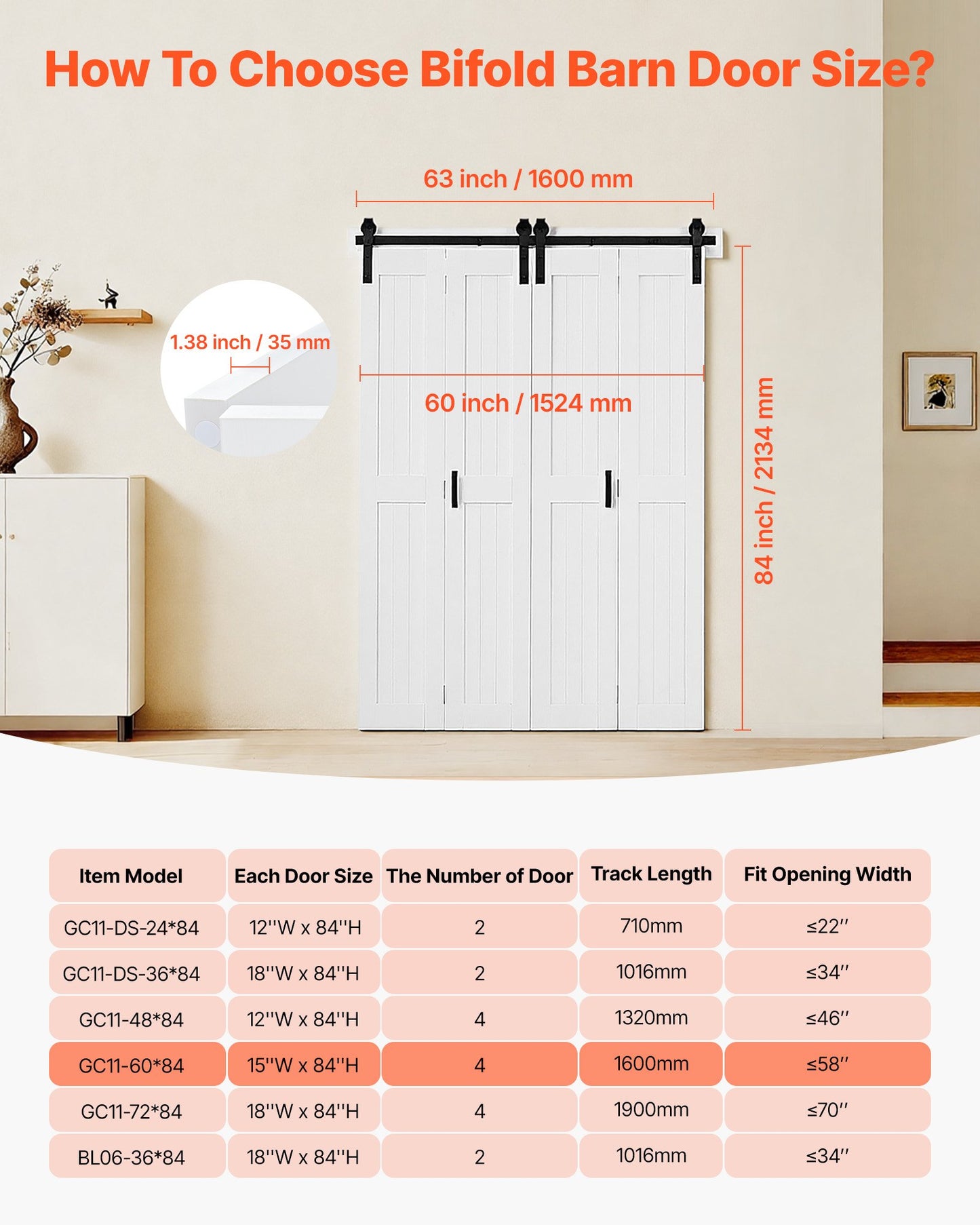 Bifold Barn Door, 60" x 84", MDF Bi-Fold Sliding Closet Doors, Hardware Kit Included, H-Frame Space-Saving Design, Pre-Assembled Panels for Bedroom, Living Room, Wardrobe and Room Divider, White