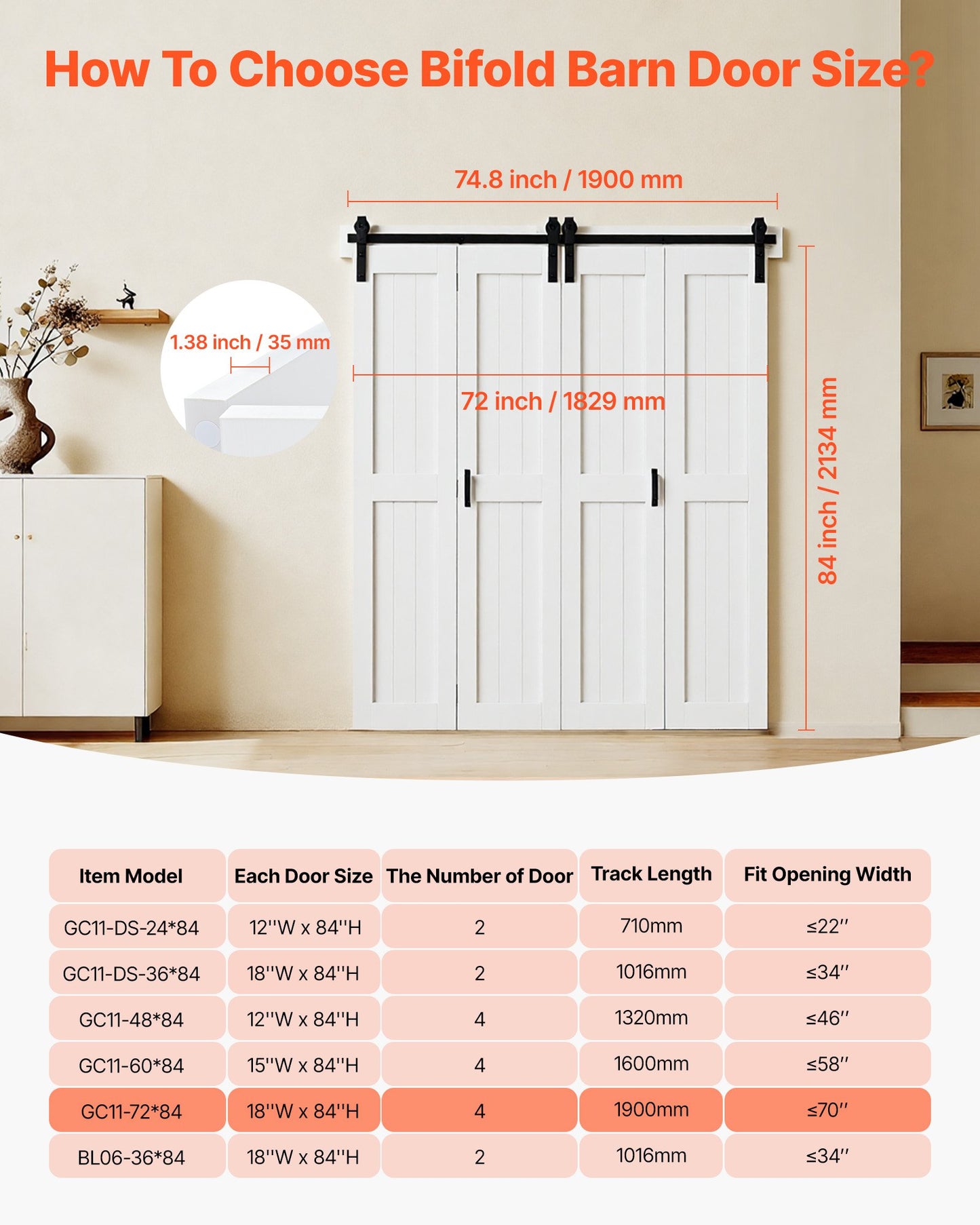 Bifold Barn Door, 72" x 84", MDF Bi-Fold Sliding Closet Doors, Hardware Kit Included, H-Frame Space-Saving Design, Pre-Assembled Panels for Bedroom, Living Room, Wardrobe and Room Divider, White