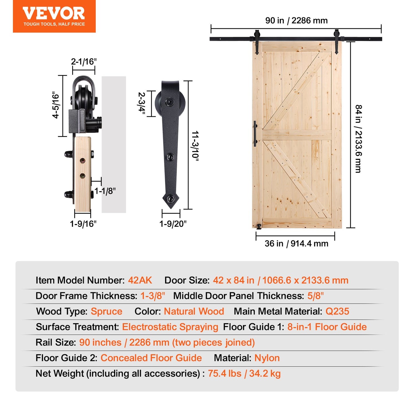 Barn Door and Hardware Kit, 42" x 84" Wood Sliding Barn Door, Smoothly and Quietly, Barn Door Kit with 8-in-1 Floor Guide and Door Handle, Spruce Wood Panelled Slab, Easy to Install