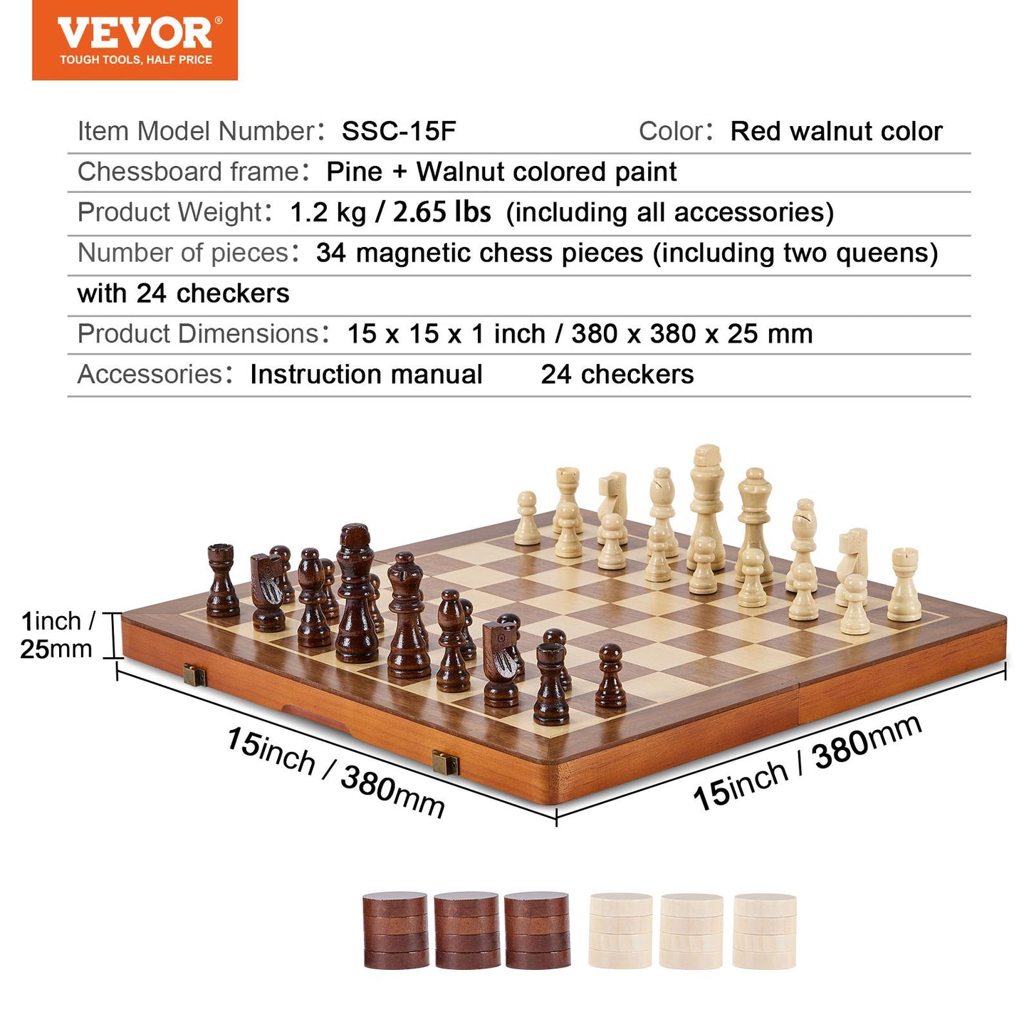Magnetic Wooden Chess Set, 15 inch 2-IN-1 Chess Checkers Game Set, Folding Chess Board Games for Adults Kids, 2 Queens Portable Travel Gift Chess Set for Tournament Professional Beginner