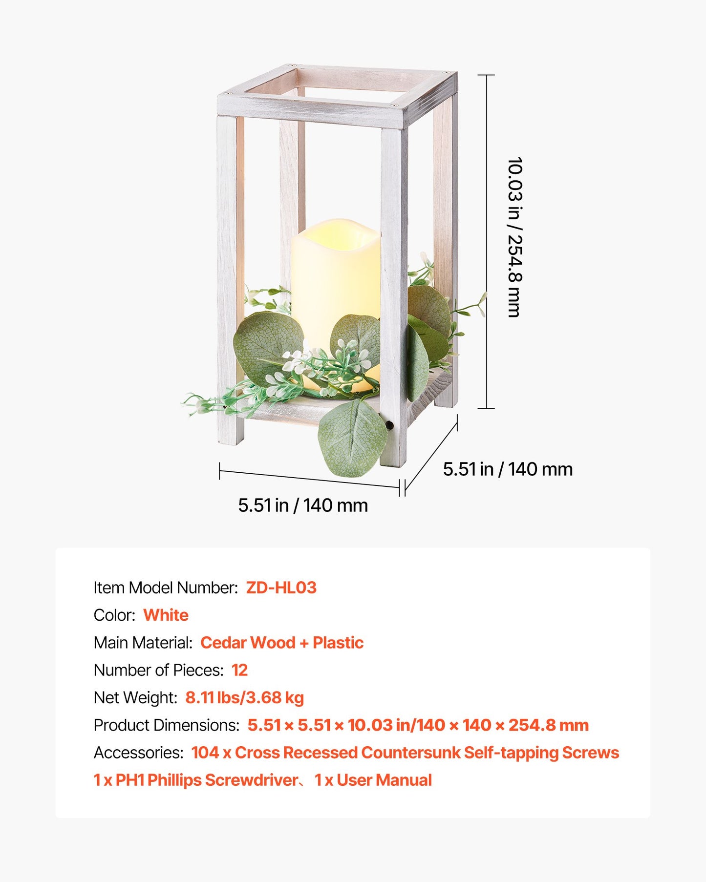 12 Set/36 Pcs Wooden Wedding Lantern Centerpiece, Includes 12 Wooden Lantern Candle Holder 12 Flameless LED Candle 12 Eucalyptus Leaves Wreath for Wedding Table Party Farmhouse Decor, White