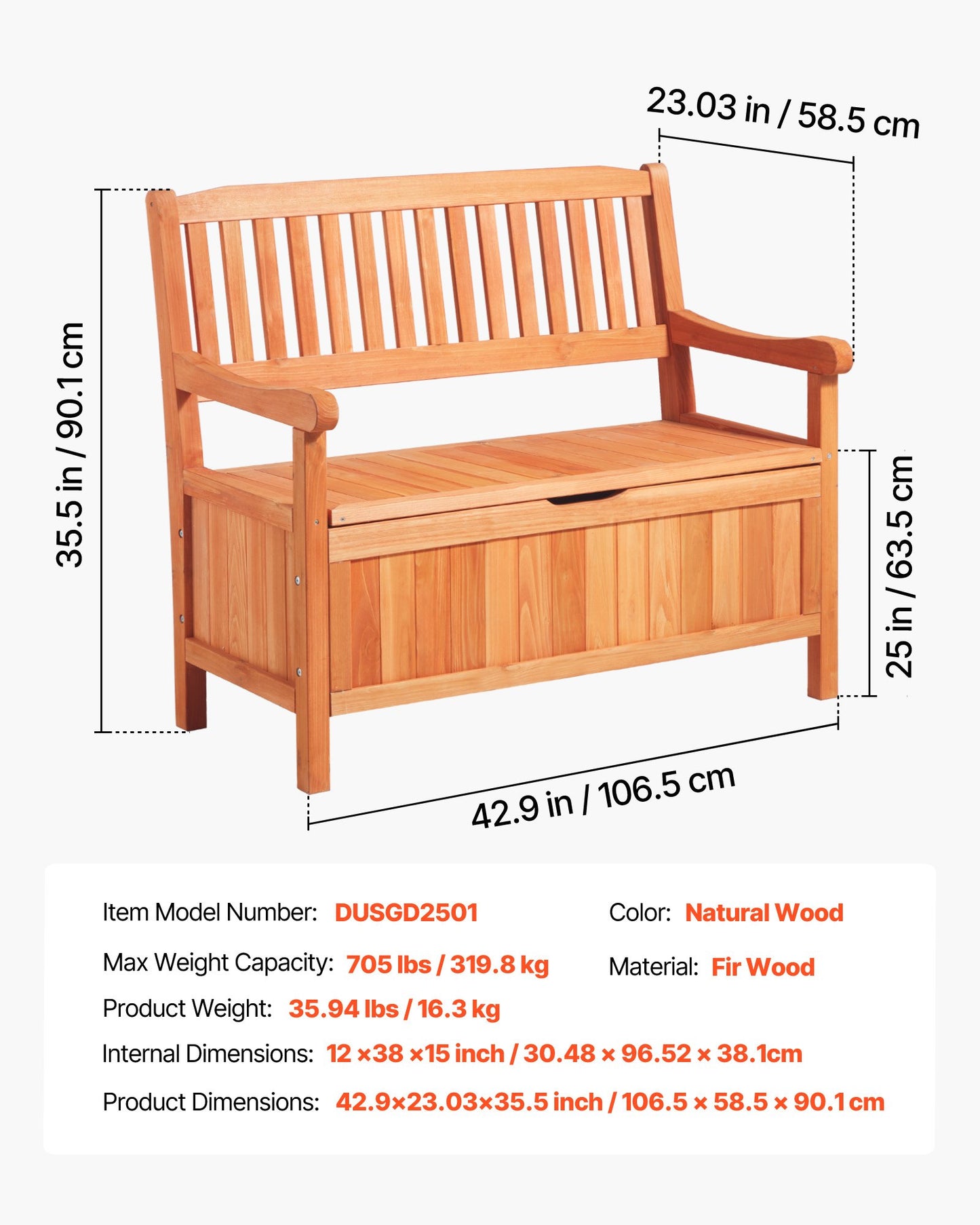 Outdoor Storage Bench, 2-Person Wooden Storage Bench, 33 Gallons Deck Box with Side Handle, Supports up to 705 lbs, Weatherproof Outdoor Seating & Porch Decor, for Patio Garden Balcony Yard