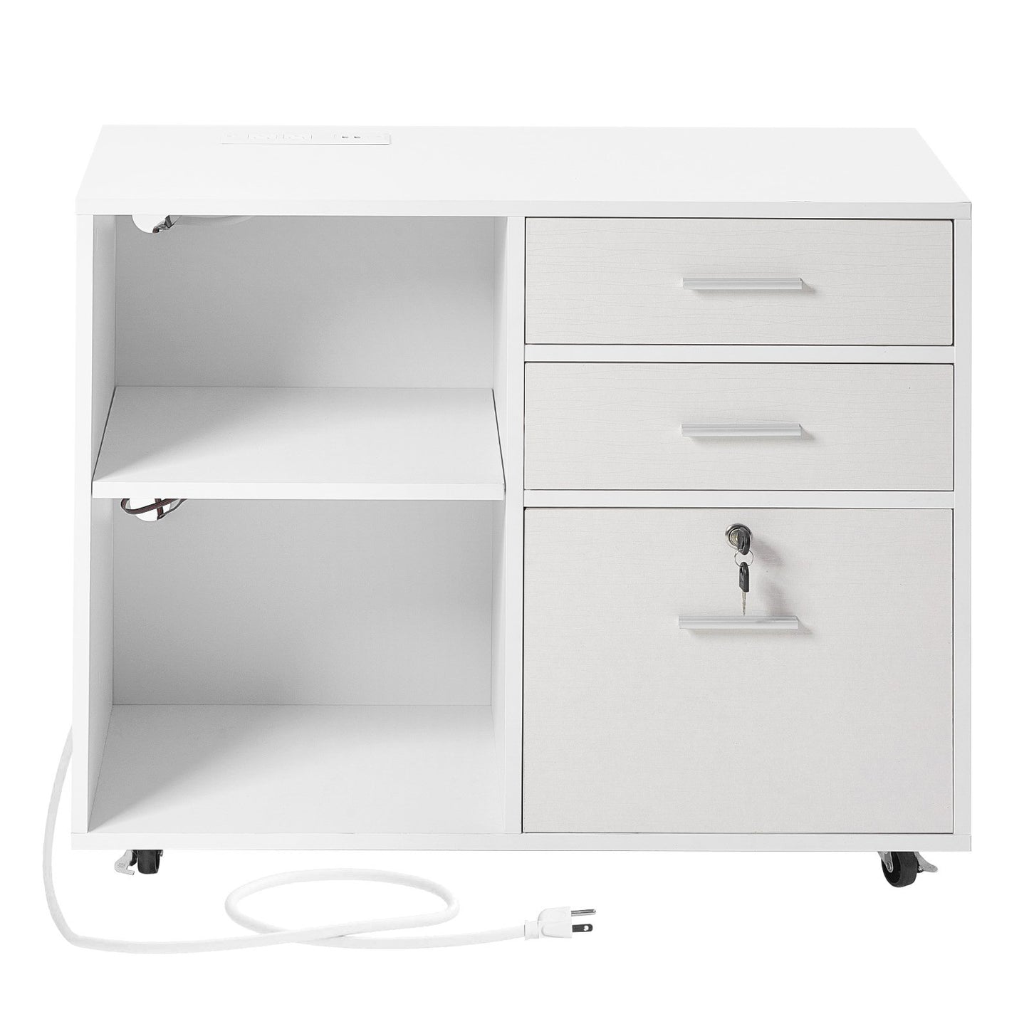 3 Drawer Wooden File Cabinet, Mobile Filing Cabinet with Light Strip, Lockable Rolling File Storage with Adjustable Shelves & 5 Wheels, Free Standing Printer Stand for Home Office School, White
