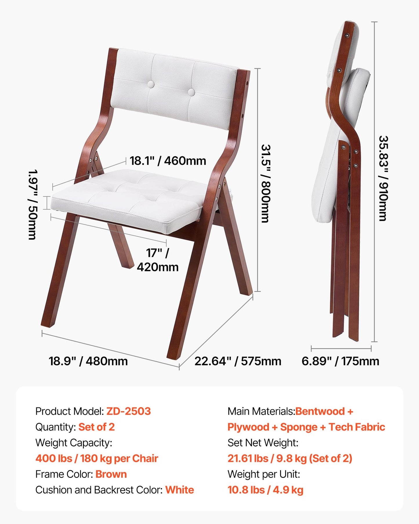 Wooden Folding Chairs with Cushion, Set of 2, Portable Foldable Cushion Chair with Wooden Frame, Modern Padded Dining Chair for Kitchen, Office, Wedding, Party, Dining Room, Easy Assembly, White