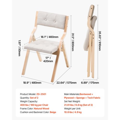 Klappstühle aus Holz mit gepolsterten Kissen und Holzrahmen, Beige, 2er-Set | EU