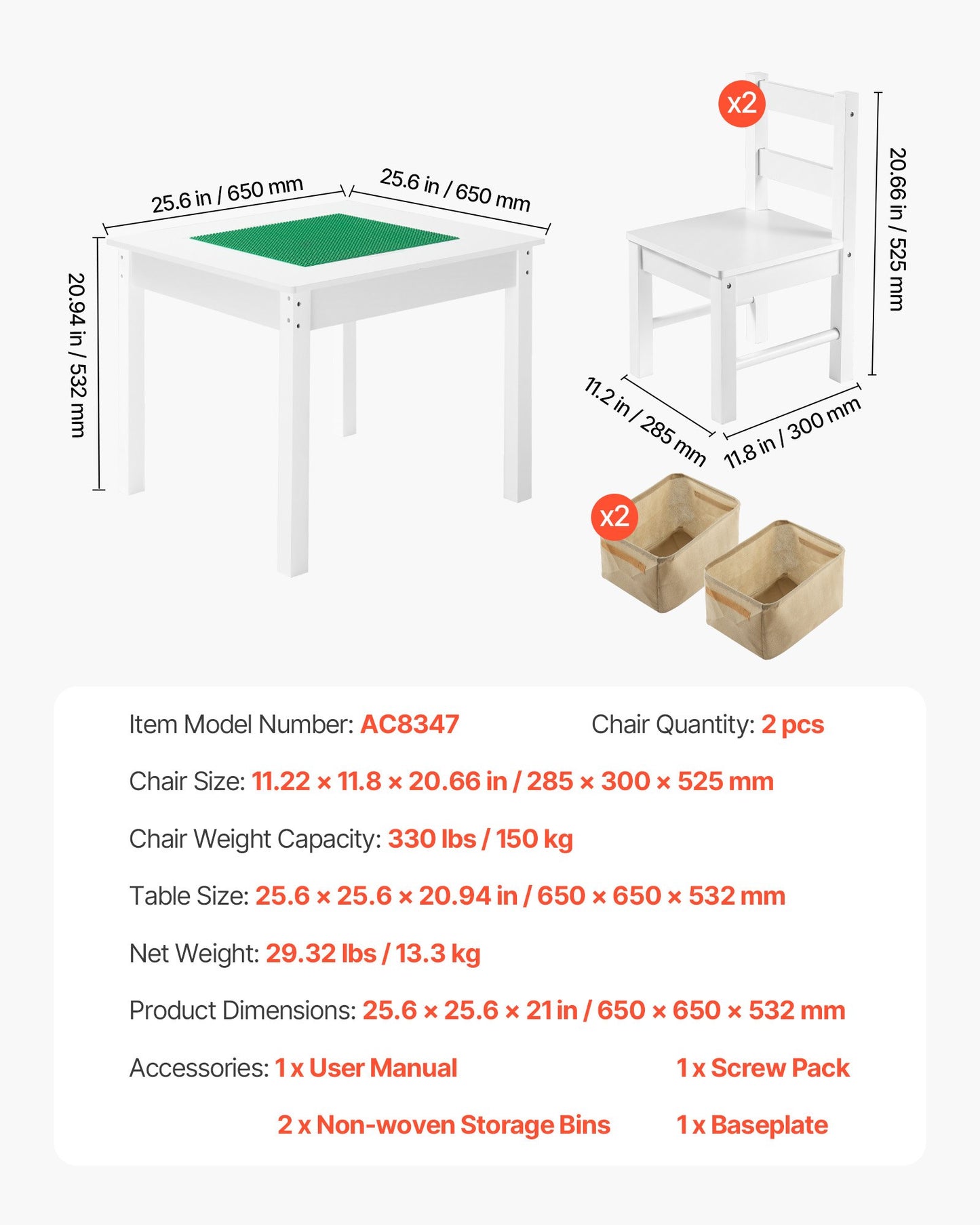Kids Activity Table and 2 Chairs Set, Building Blocks Double-Sided Tabletop, Toddler Table and Chair Set with Storage for Kids 3+ Years, Large Storage Space, Present for Boys & Girls, White