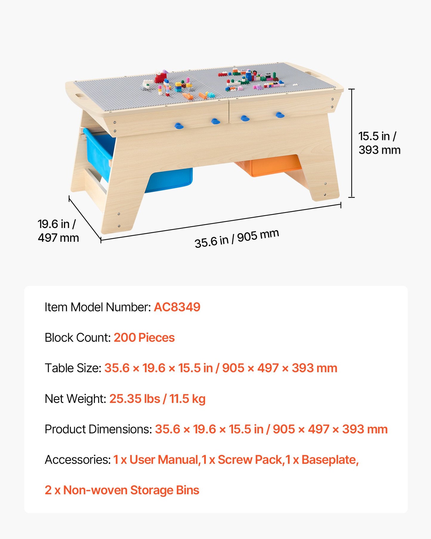 Kids Reversible Wooden Activity Table, Multi-Purpose Activity Play Table with 200 Building Bricks & 3 Storage Bins for Kids 3+ Years, Large Storage Space, Present for Boys & Girls, Natural