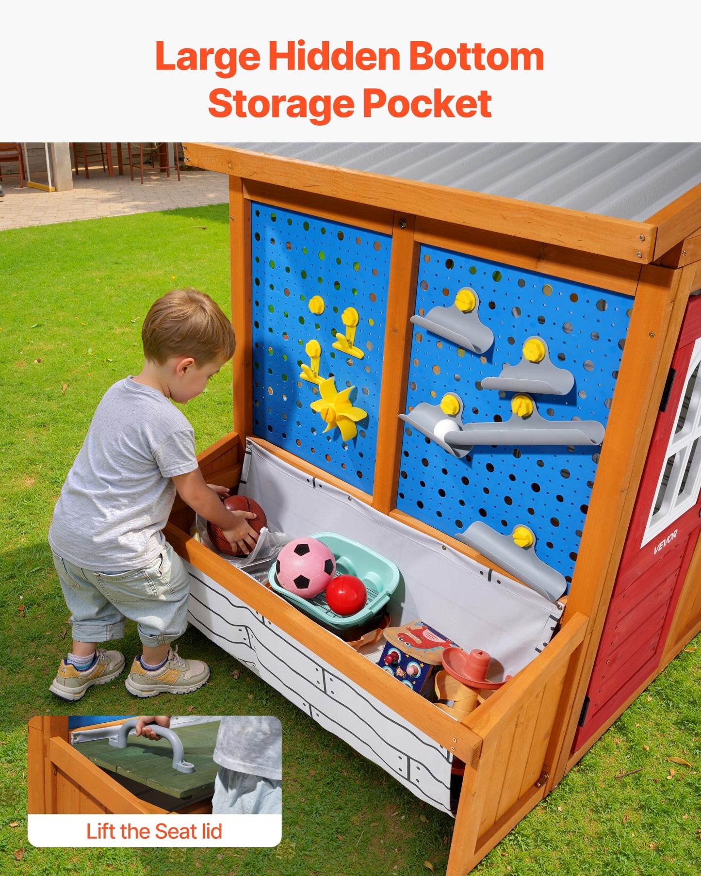 Outdoor Playhouse, Cedar Wooden Kids Playhouse with Bird Nest, Doorbell, Trash Bin, Gravity Wall Set, Storage Pocket, Windowsill, Wooden Kids Cottage for Aged 3 to 10, Rounded Corners