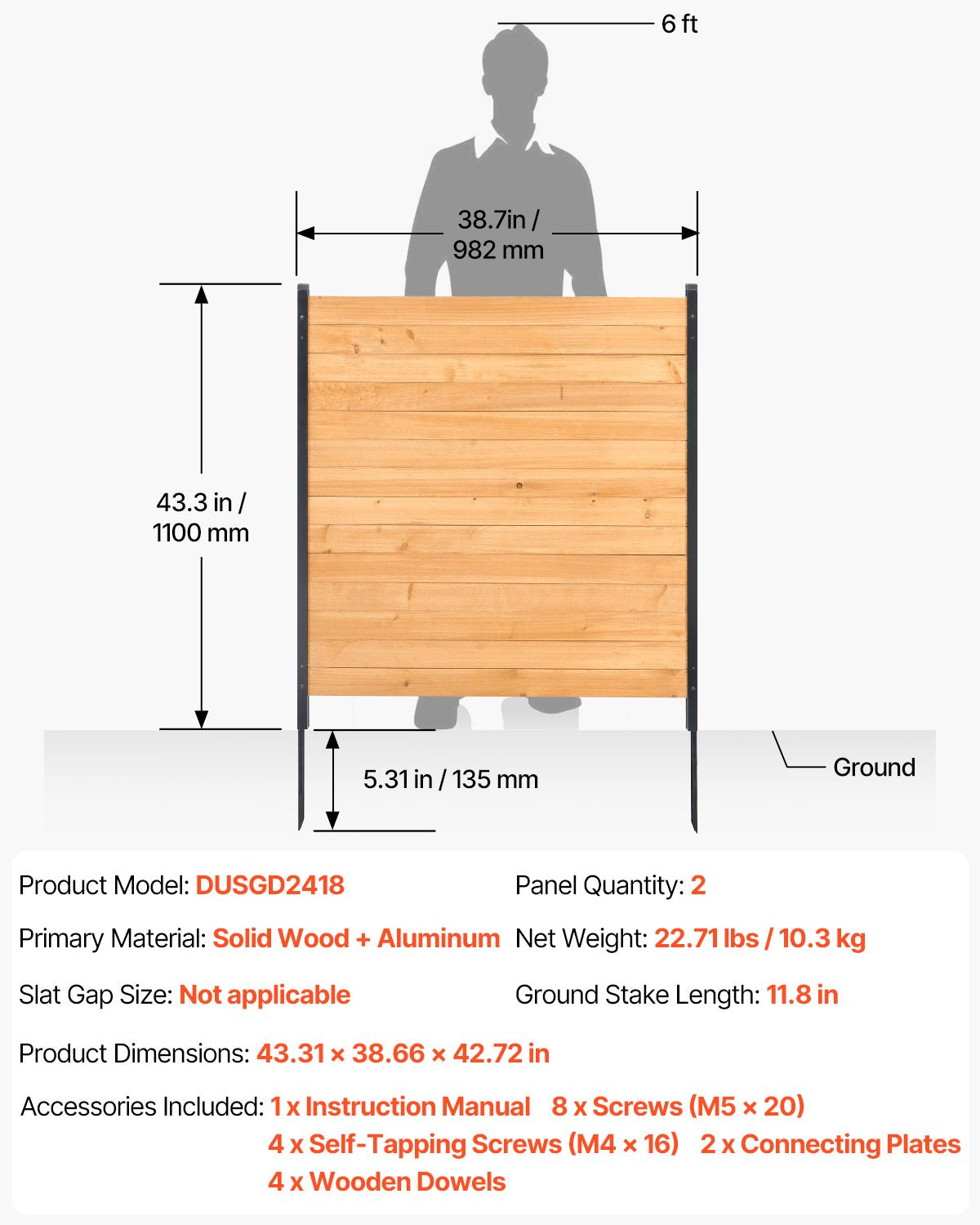 Wood Privacy Fence, 38" W x 42" L, 2 Panel Solid Air Conditioner Fence Screen, Pool Equipment Enclosure with Metal Stakes, Easy DIY Installation, Outdoor Trash Can Hider for Garden Decoration