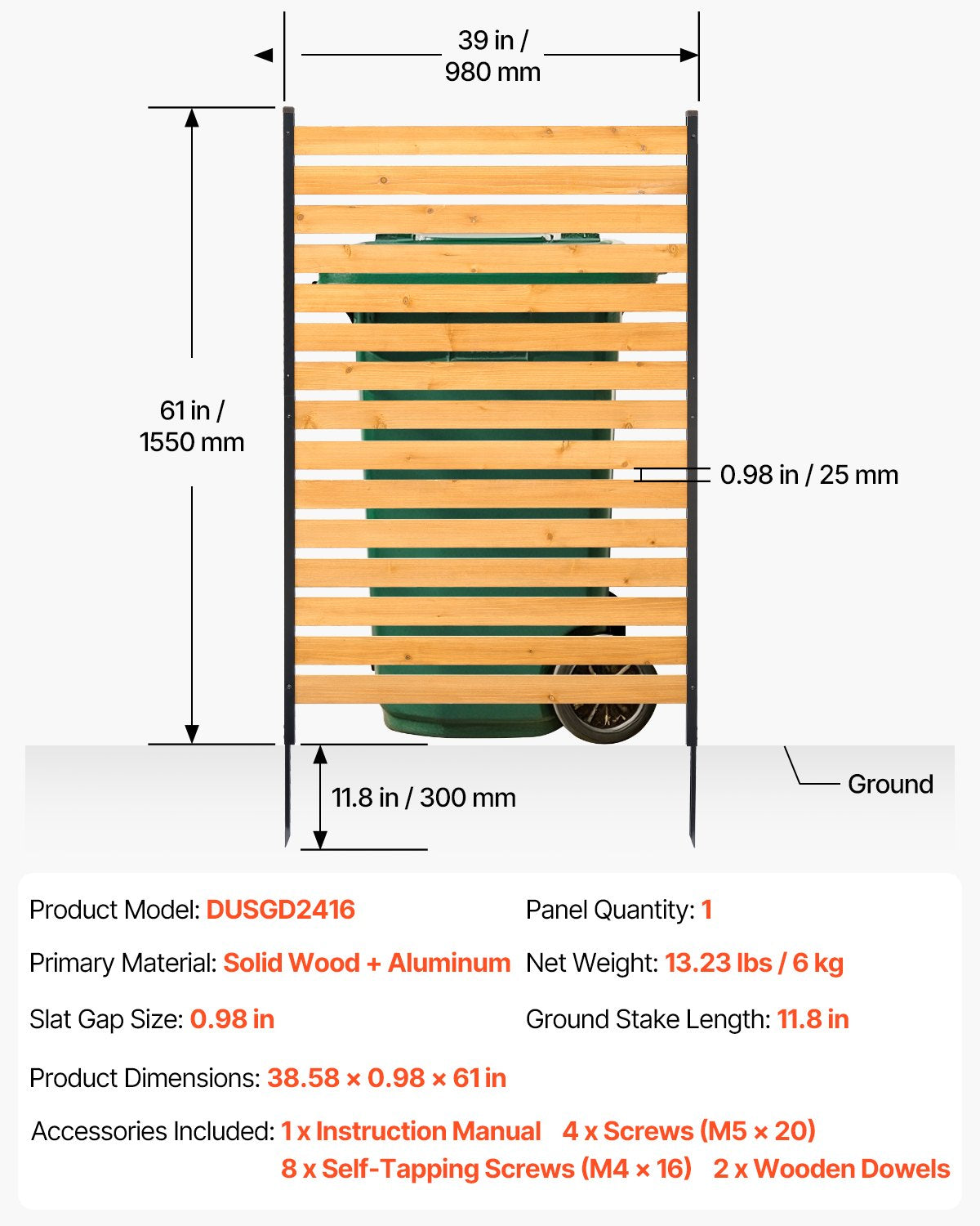 Wood Privacy Fence, 39" W x 61" L, 1-Panel Air Conditioner Fence Screen, Pool Equipment Enclosure with Metal Stakes, Easy DIY Installation, Outdoor Trash Can Hider for Garden Decoration