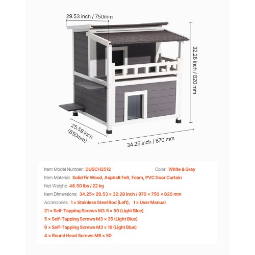 Isolerat Katthus, 2-vånings Träkattskydd, Skumisolering, Vilda Katter med Balkong, Vattentäta Kattlägenheter för inomhus och utomhus 1-3 Katter på Vintern 84 × 75 × 82 cm | EU