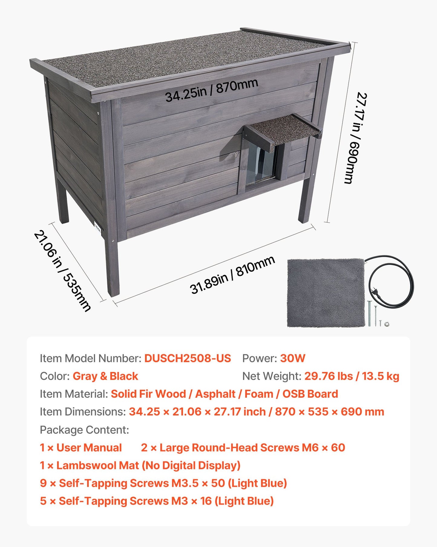 Heated Cat House, Insulated Wooden Cat House for Outdoor Cats, Waterproof Feral Kitty Shelter with Heating Pad, PVC Flap Door & Openable Asphalt Roof for 1-3 Cats in Winter, 34 x 21 x 27 in
