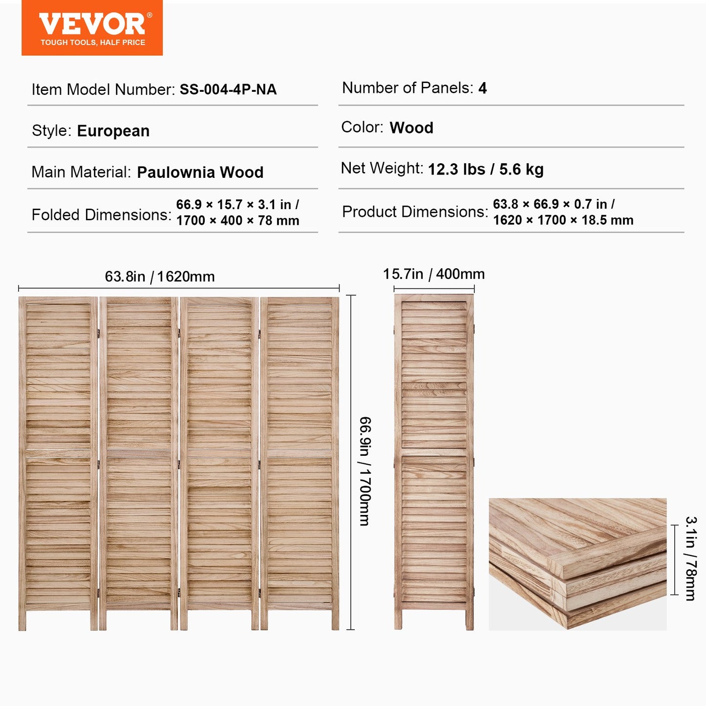 Wood Room Divider, 4 Panel Wood Folding Privacy Screen, 66.9 Inches Tall Indoor Louvered Wooden Partition, Portable Decoration Screen, for Room Separation, Home, Office, Restaurant & Bedroom