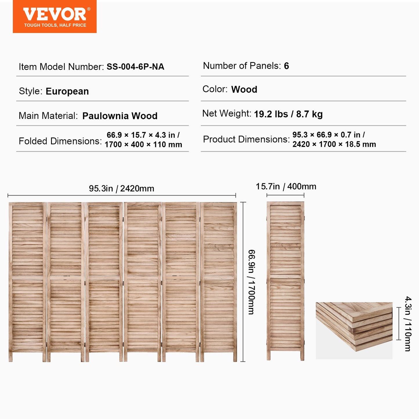 Wood Room Divider, 6 Panel Wood Folding Privacy Screen, 66.9 Inches Tall Indoor Louvered Partition Divider, Portable Decoration Screen, for Room Separation, Home, Office, Restaurant & Bedroom