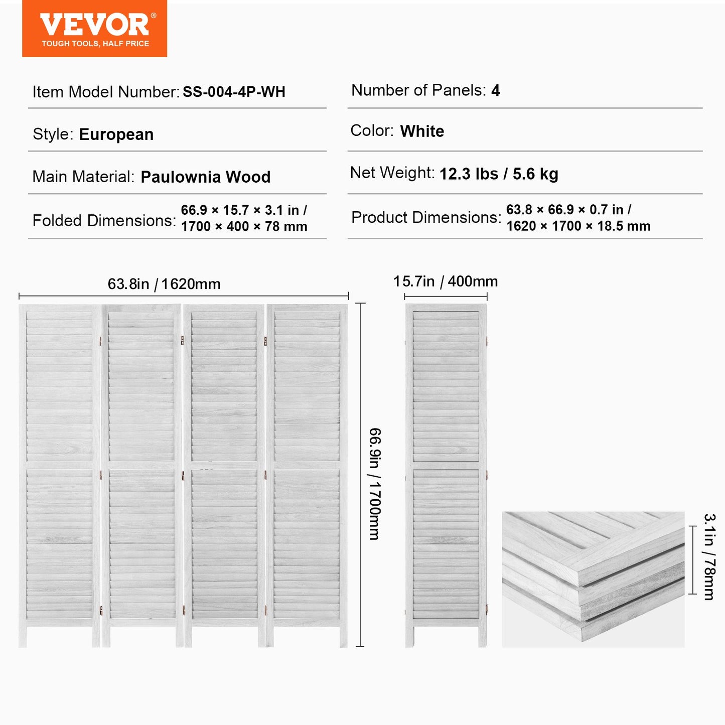Wood Room Divider, 4 Panel Folding Privacy Screen, 66.9 Inches Tall Indoor Wooden Partition, Portable Decoration Screen, for Room Separation, Home, Office, Restaurant & Bedroom (Light Grey)