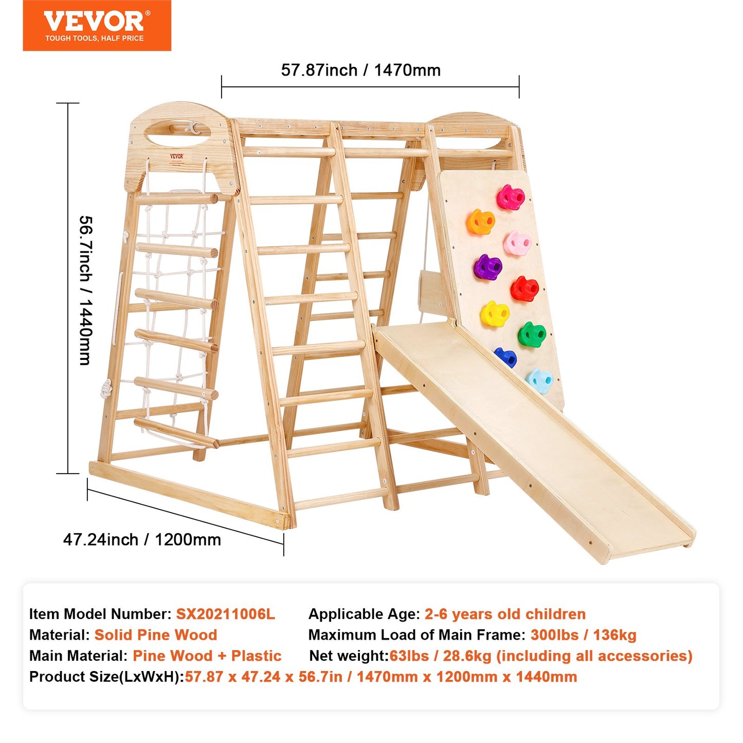 Indoor Jungle Gym, 7-in-1 Toddler Indoor Playground, Wooden Toddler Climbing Toys Indoor with Wood & Rope Ladder, Net Ladder, Swing, Monkey Bar, Slide, Climbing Wall, 47.2 x 58 x 56in