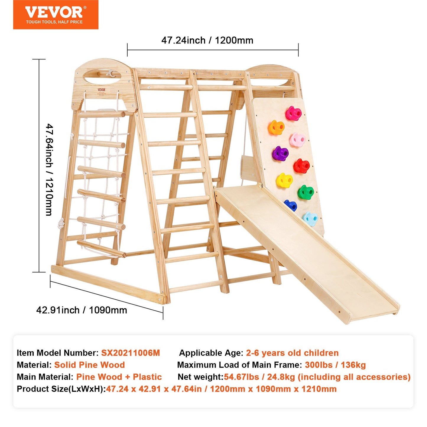 Indoor Jungle Gym, 7-in-1 Toddler Indoor Playground, Wooden Toddler Climbing Toys Indoor with Wood & Rope Ladder, Net Ladder, Swing, Monkey Bar, Slide, Climbing Wall, 43 x 47.2 x 47in