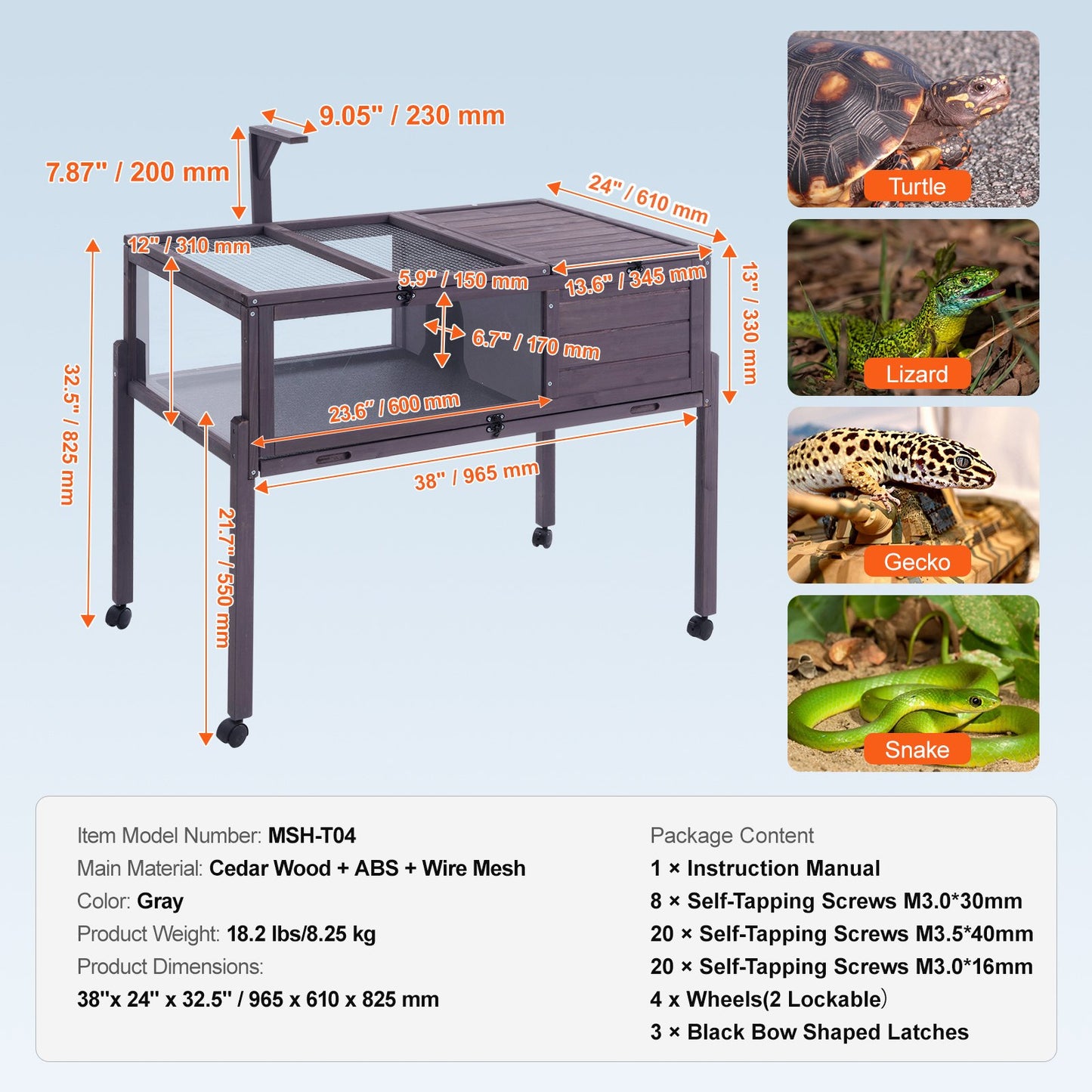 Tortoise Habitat, Wooden Tortoise House Indoor & Outdoor, Rolling Tortoise Enclosure with Light Stand, Reptile Enclosure Small Animal Cage with Stand Legs, Wheels, for Gecko, Lizard, Snake