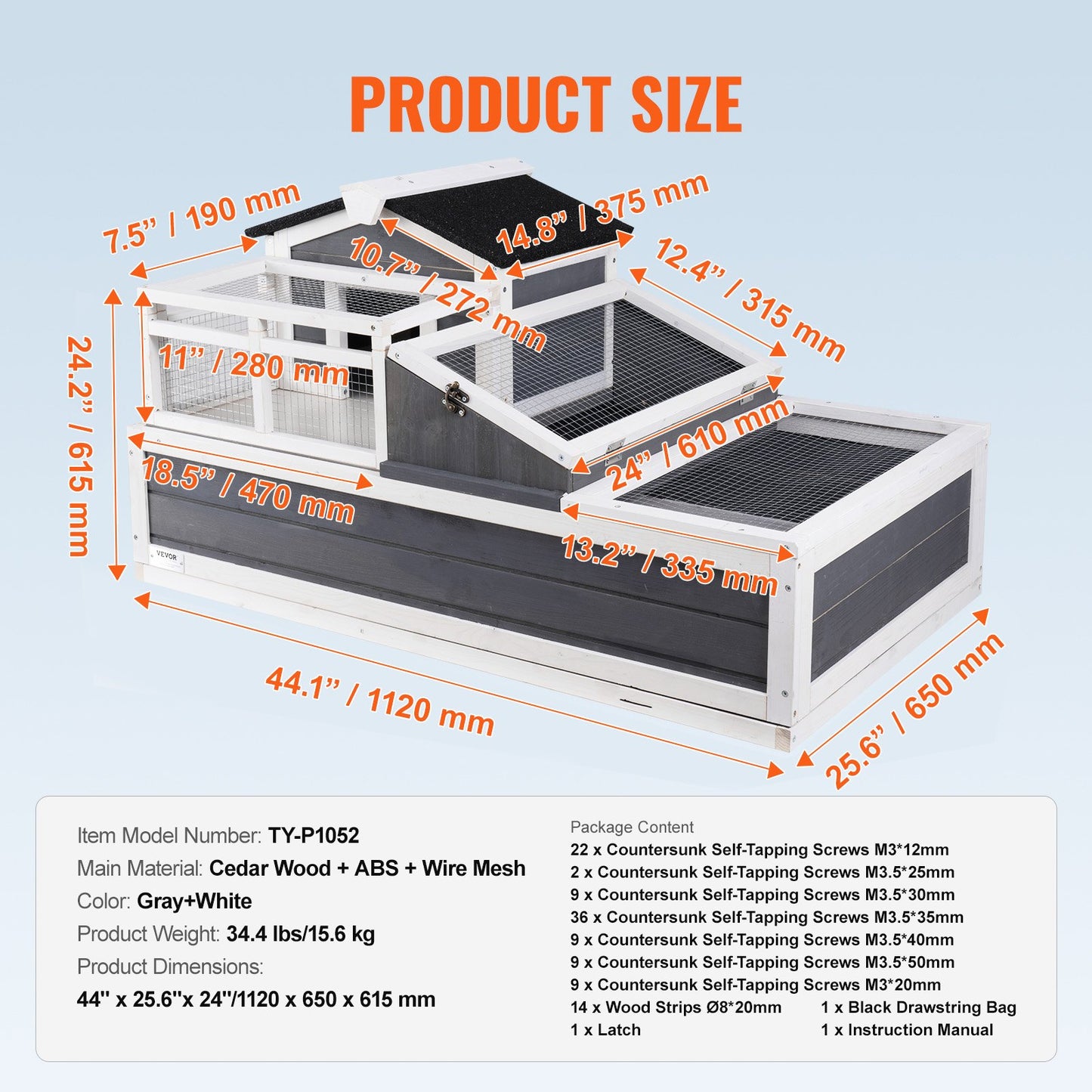 3-Room Tortoise House,Tortoise Habitat with Balcony & 2 Stories, Wooden Tortoise Enclosure Indoor & Outdoor with Ramp, Tray, Openable Roof, Large Reptile Cage, 44" x 25.6"x 24"