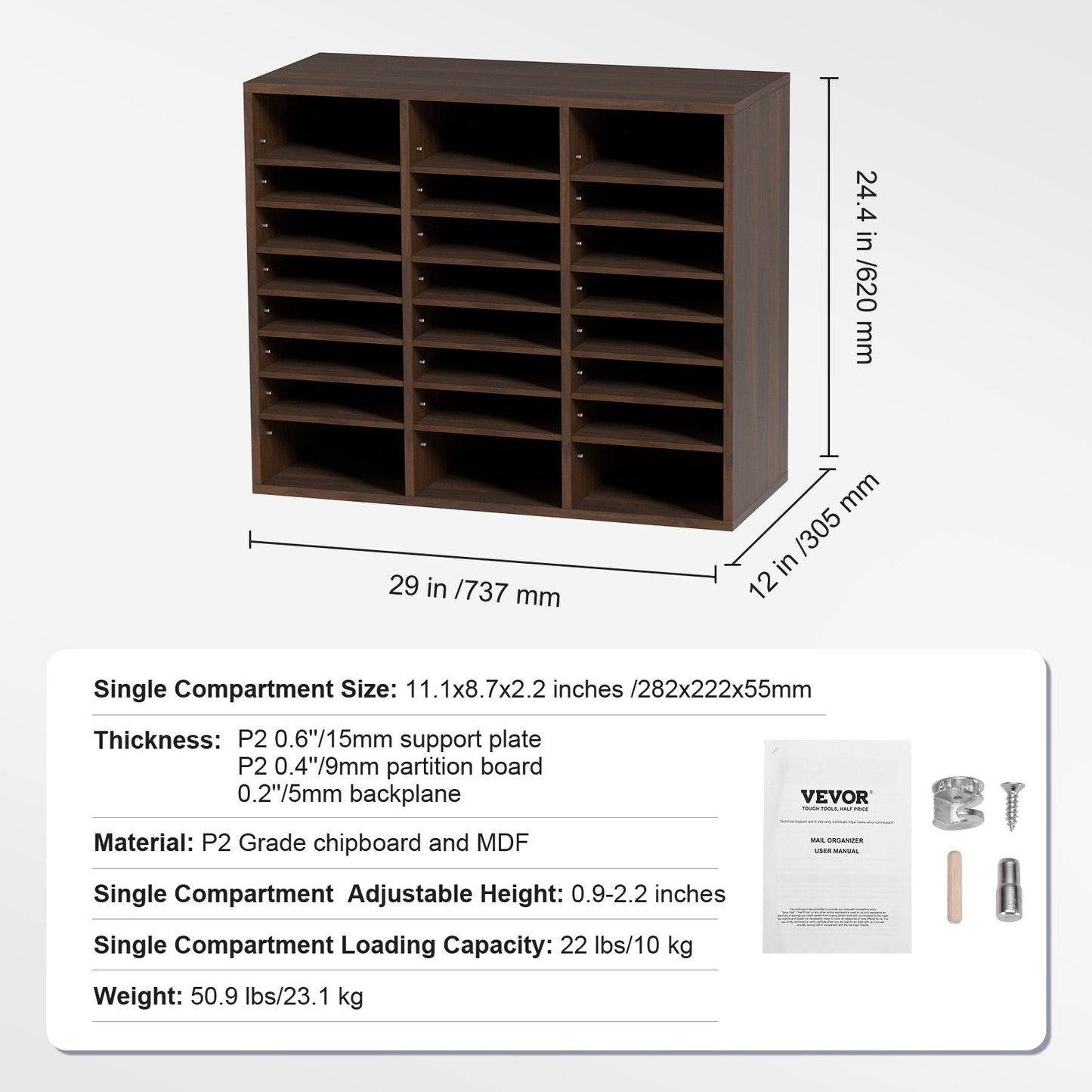 Literature Organizers, 24 Compartments Office Mailbox with Adjustable Shelves, Wood Literature Sorter 29x12x24.4 inches for Office, Home, Classroom, Mailrooms Organization, EPA Certified, Brown