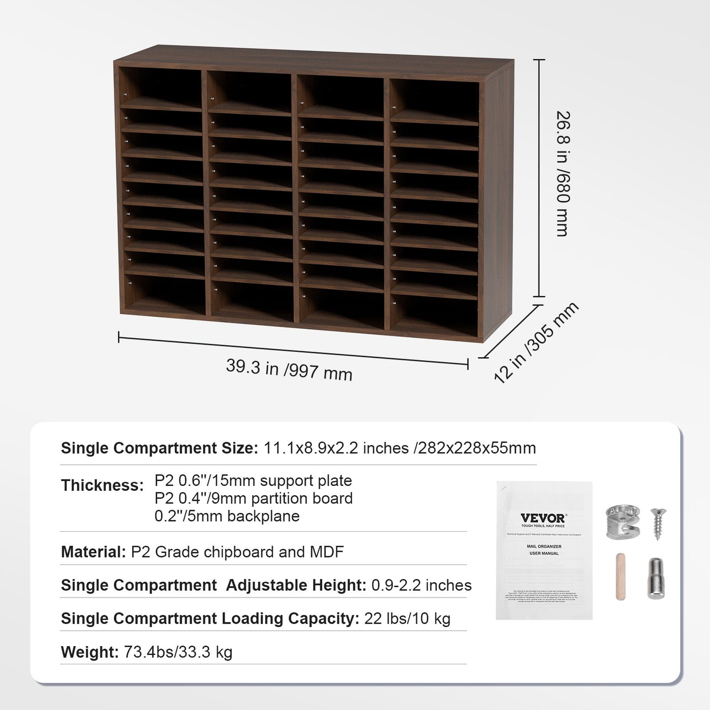 Literature Organizers, 36 Compartments Office Mailbox with Adjustable Shelves, Wood Literature Sorter 39.3x12x26.8 inches for Office, Home, Classroom, Mailrooms Organization, EPA Certified Brown